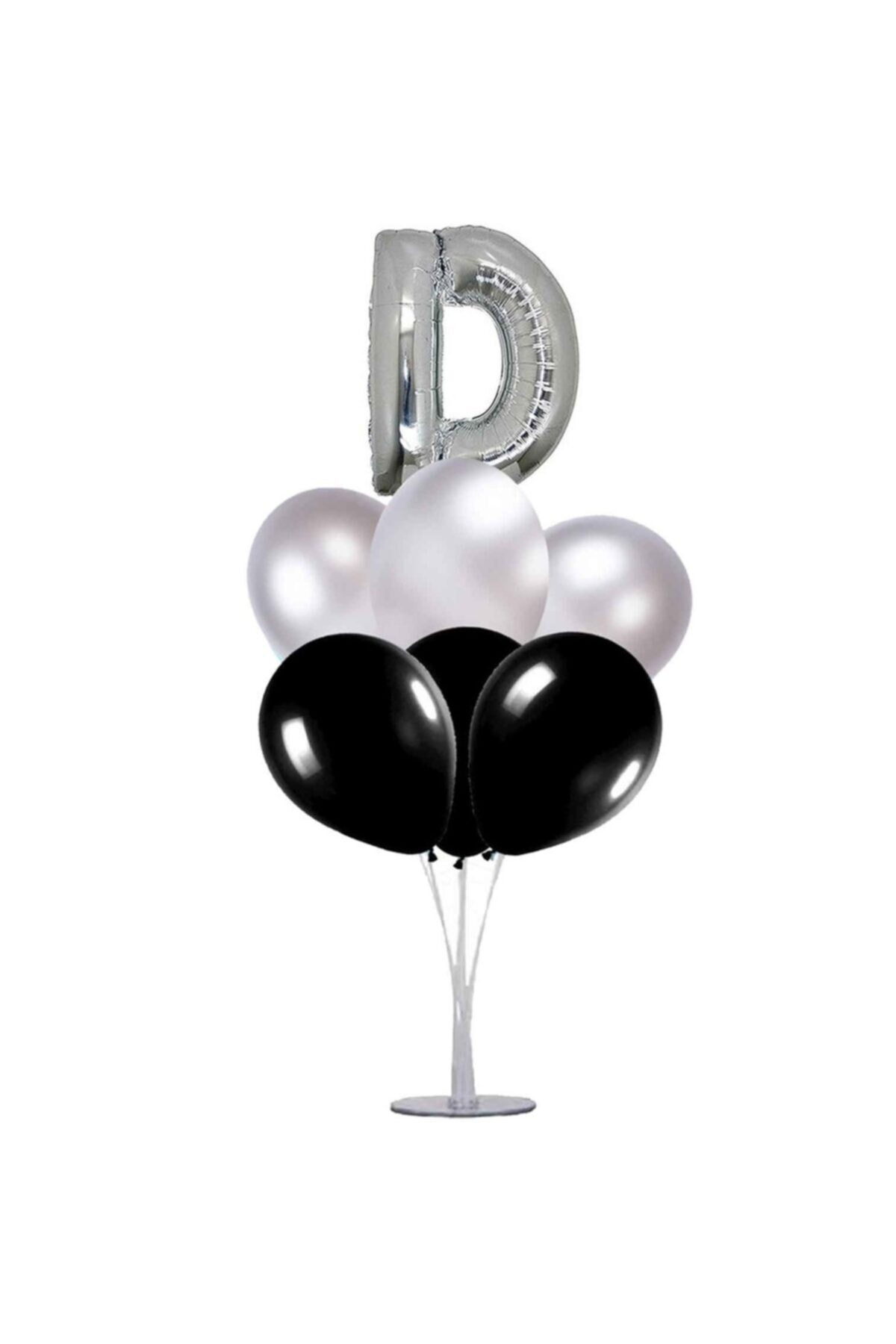 PartiVar D Harfi 100 Cm Gümüş Siyah Balonlu Gümüş Harfli Balon Standı