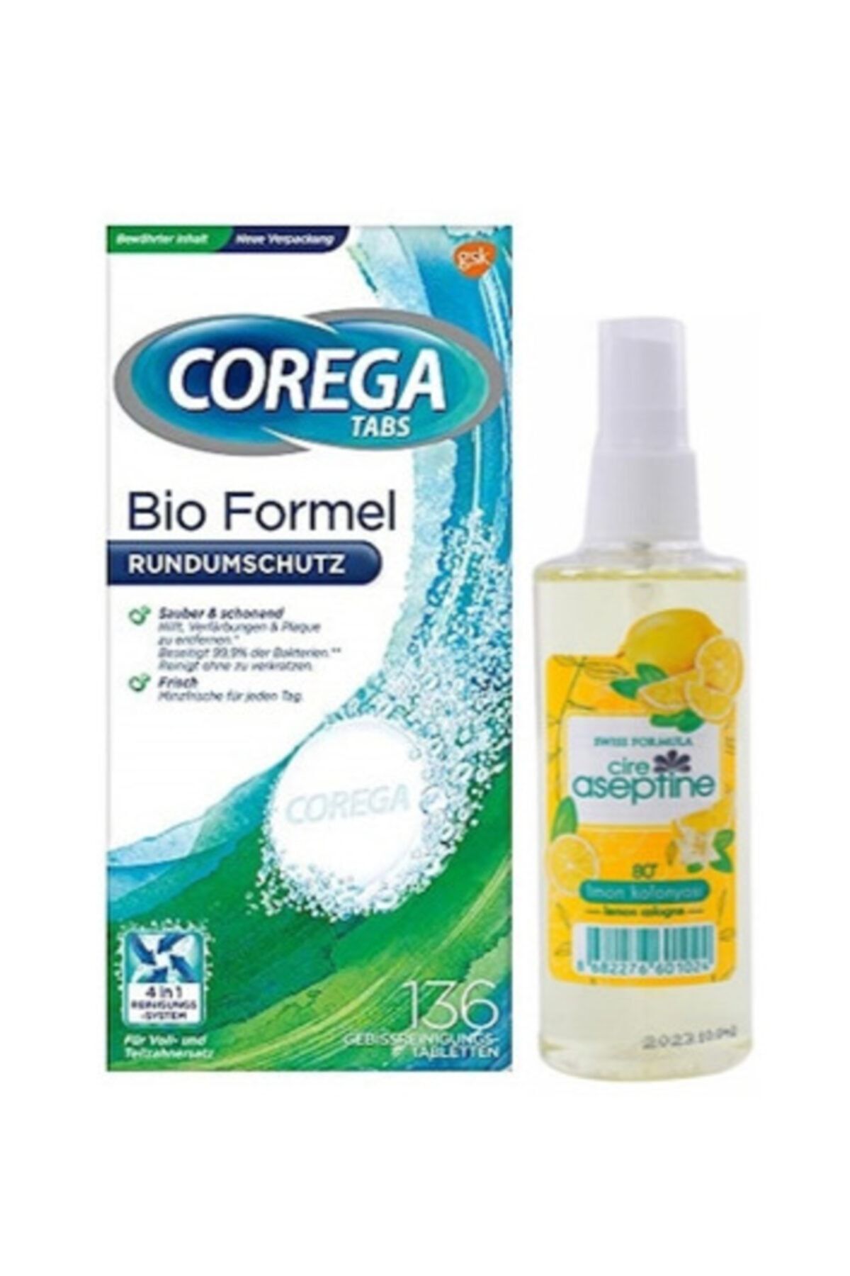 CIRE ASEPTINE Corega Protez Diş Temizleme Tableti 136'lı + Cire Aseptine Limon Kolonyası 100 Ml Sprey