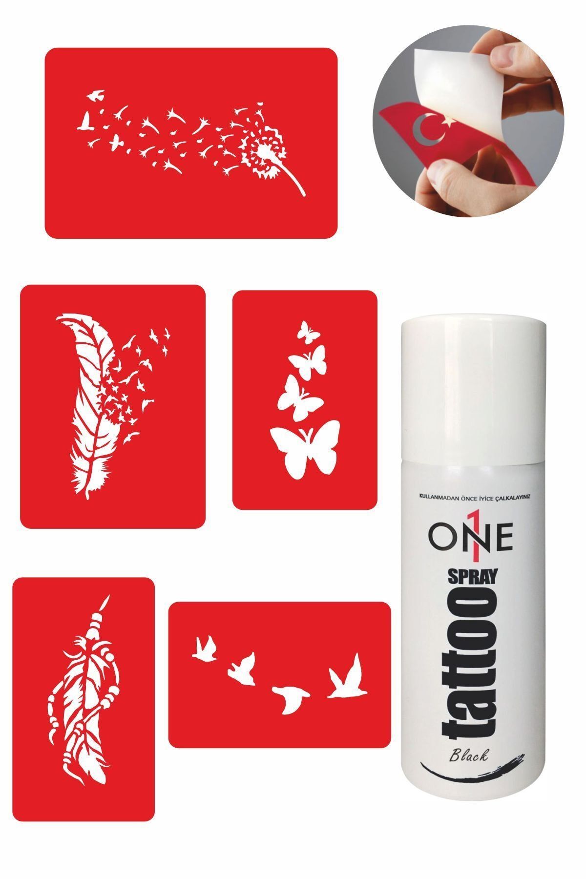 ONE SPRAY TATTOO Kuş Tüyleri Dövme Seti Siyah Sprey Ve 5 Desen 7708515