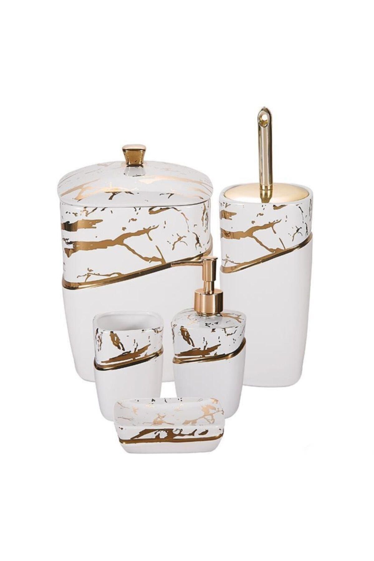 EFES HOME Acar Loren 5'li Stoneware Mermer Desen Banyo Seti-beyaz Gold