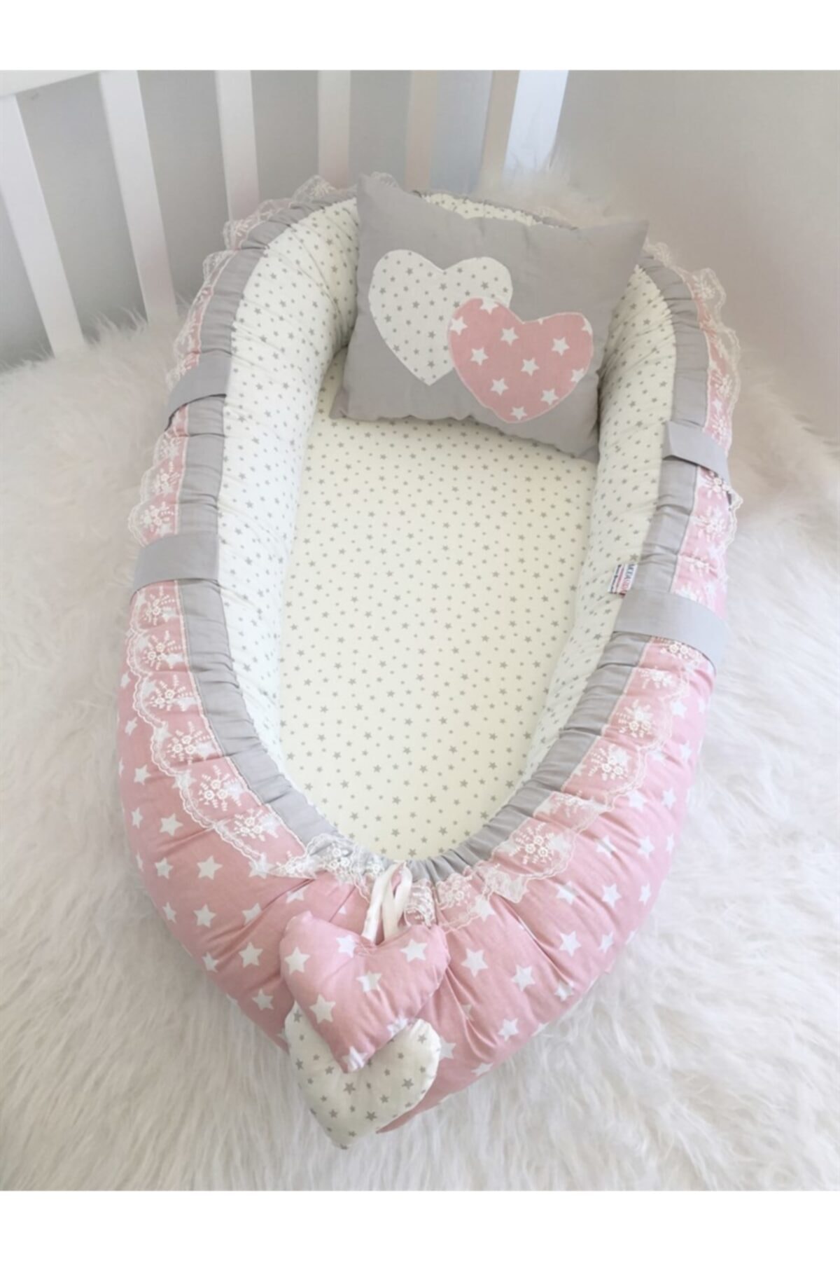 modastra Baby Nest Pudra Pembe Ve Gri Yıldız Kombin Lüx Babynest Bebek Yuvası