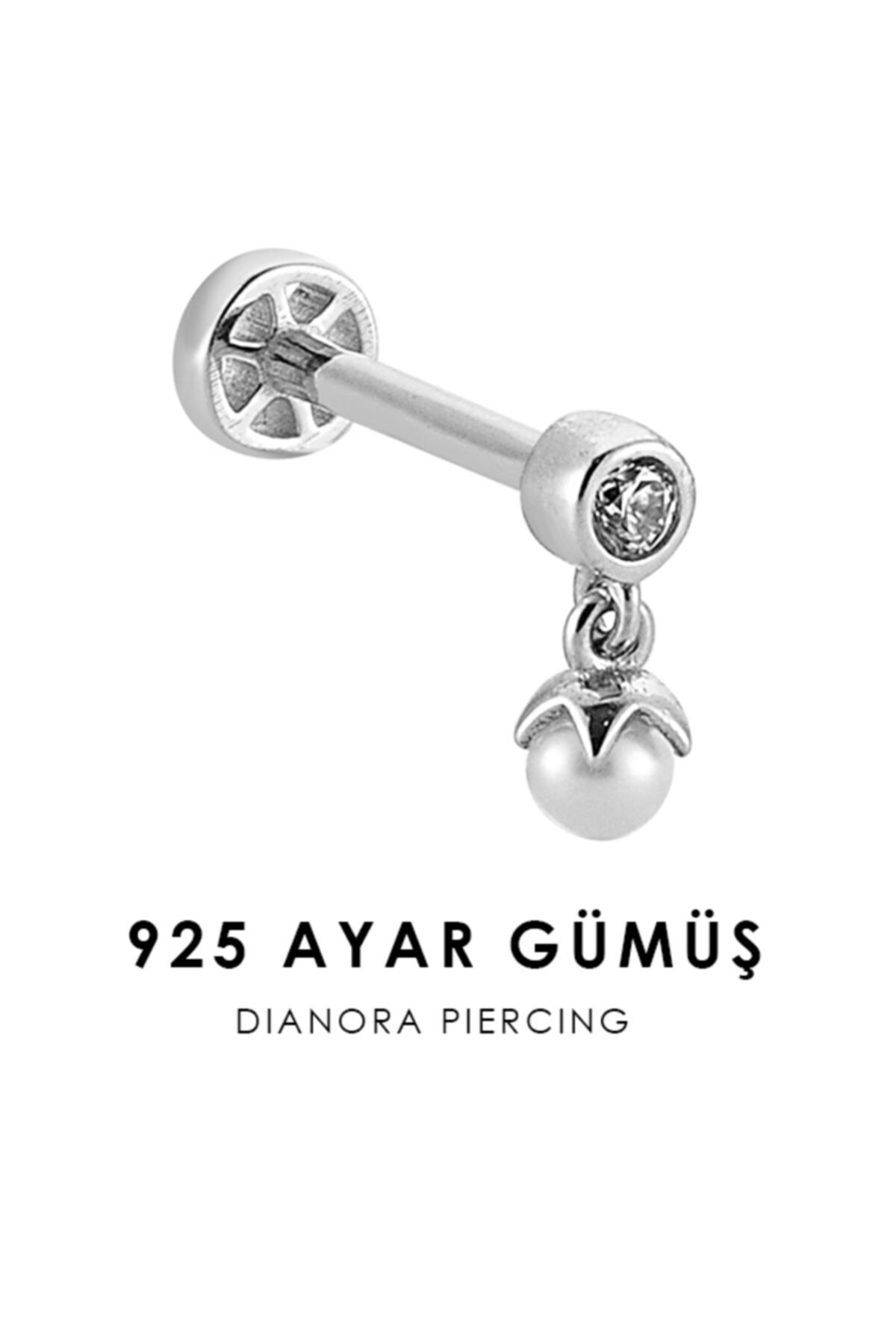 Dianora Piercing Taşlı Inci Sallantılı Gümüş Tragus Piercing