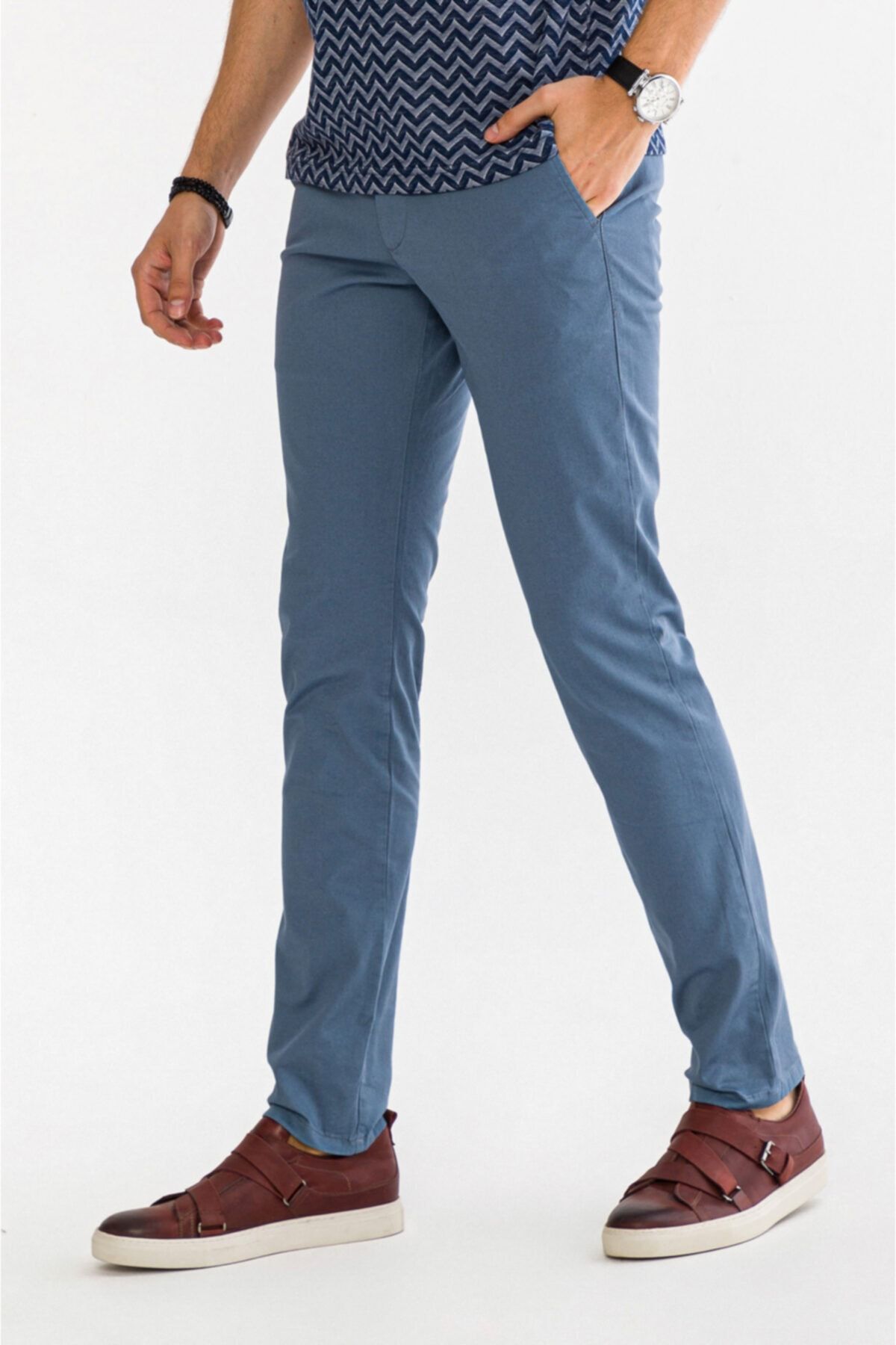 Erkek Açık Mavi Yandan Cepli Düz Slim Fit Pantolon A91b3556