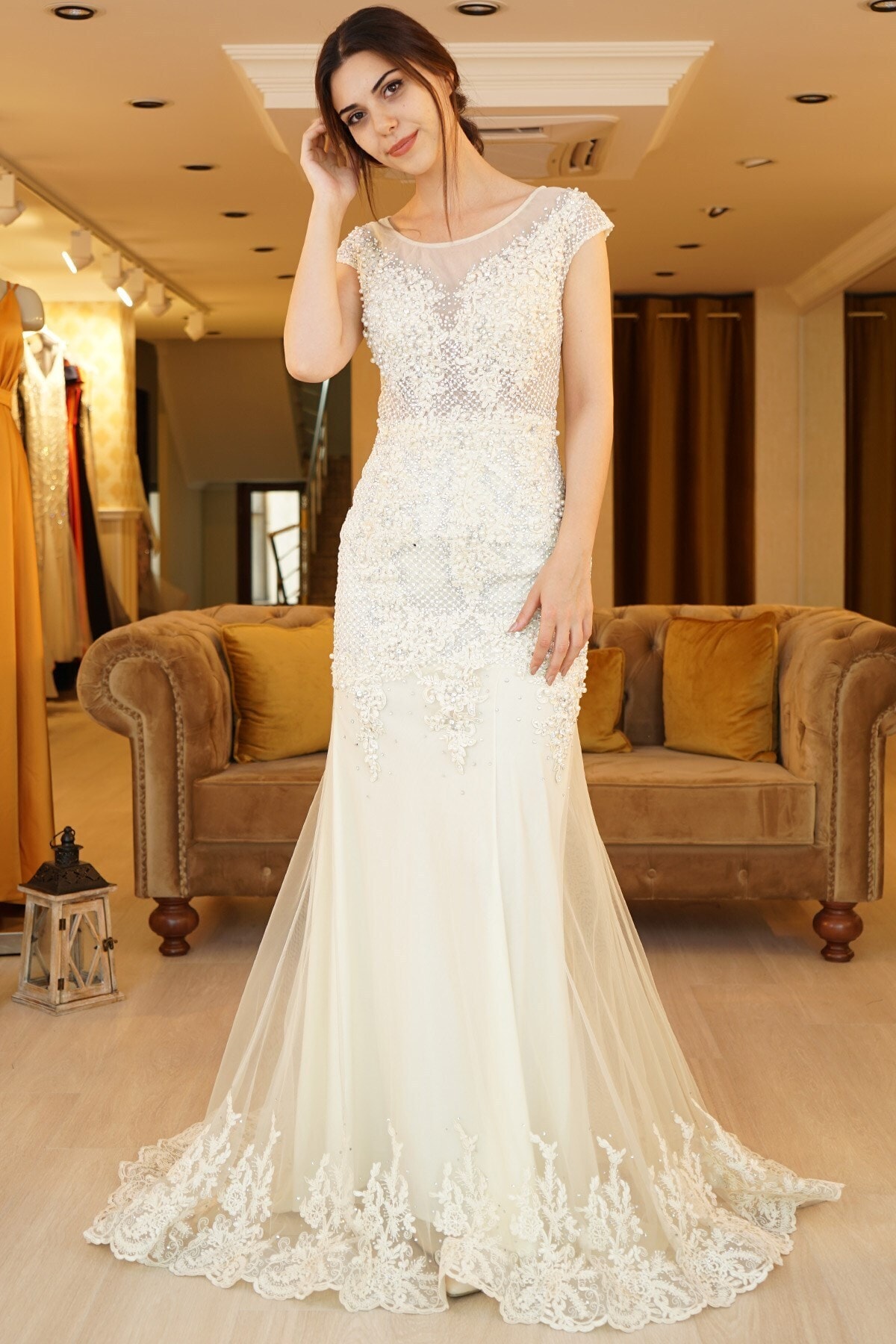 SpringStore Taş Detaylı Eteği Güpür Işlemeli Tasarım Abiye