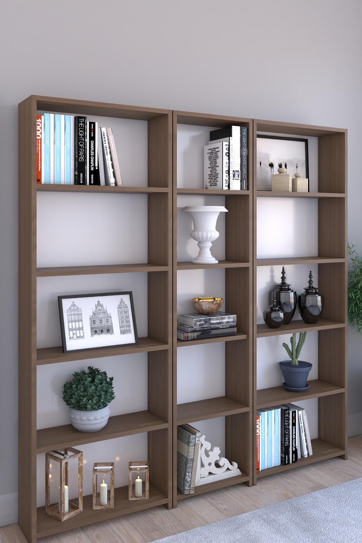 Platinreyon Platin Üçlü Geniş Kitaplık Ceviz - Raf Kütüphane Ofis Kütüphanesi