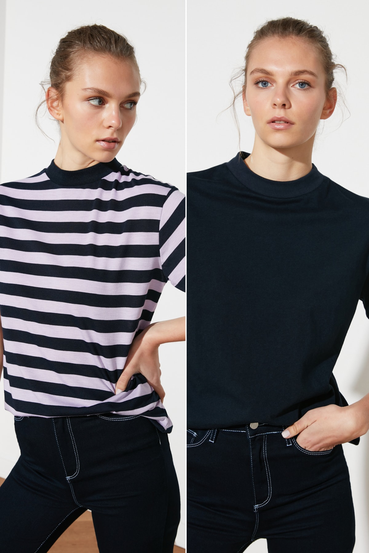 TRENDYOLMİLLA Lila Lacivert Çizgili ve Lacivert Dik Yaka 2'li Paket Basic Örme T-Shirt TWOSS20TS1500