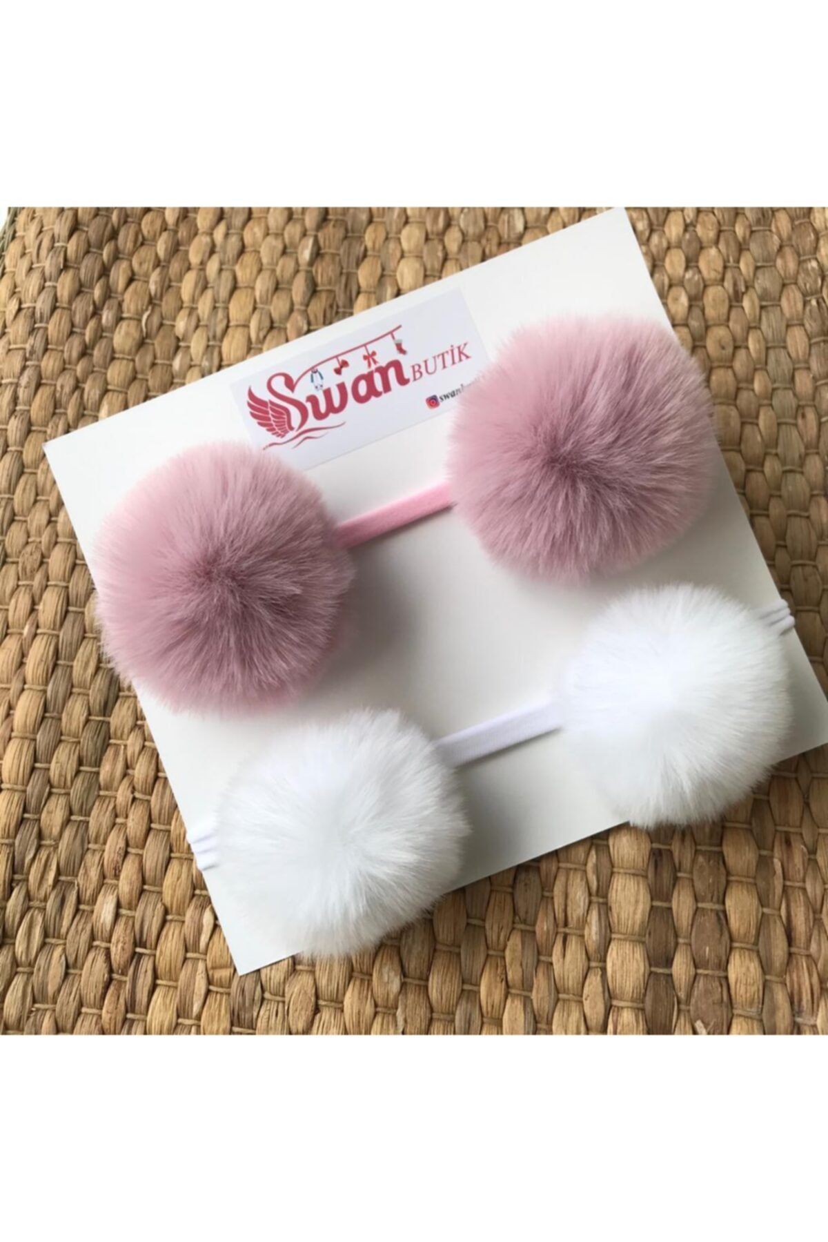 swan butik Kız Bebek Çocuk Beyaz Lila 2'li Peluş Ponpon Bandana Bant