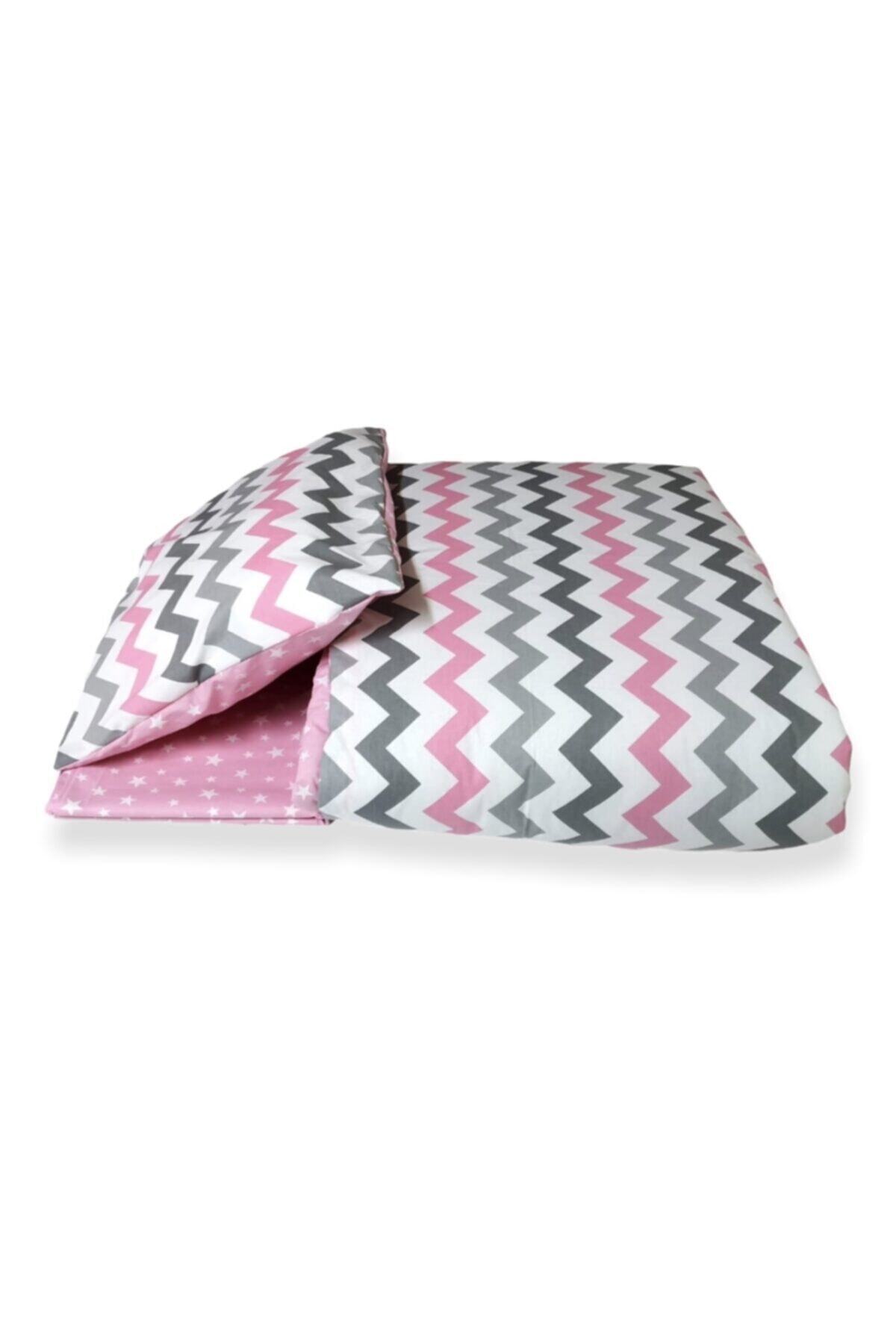 Bebek Özel Pamuklu Bebek/çocuk Yastık Çarşaf Yorgan Seti Pembe Gri Zikzaklı 80x130