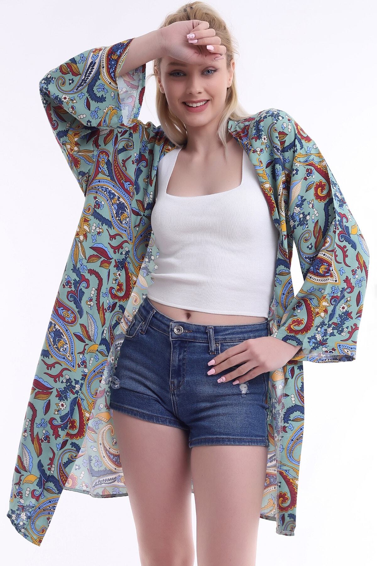 ARYA FASHION Karışık Desenli Uzun Kol Şık Kimono
