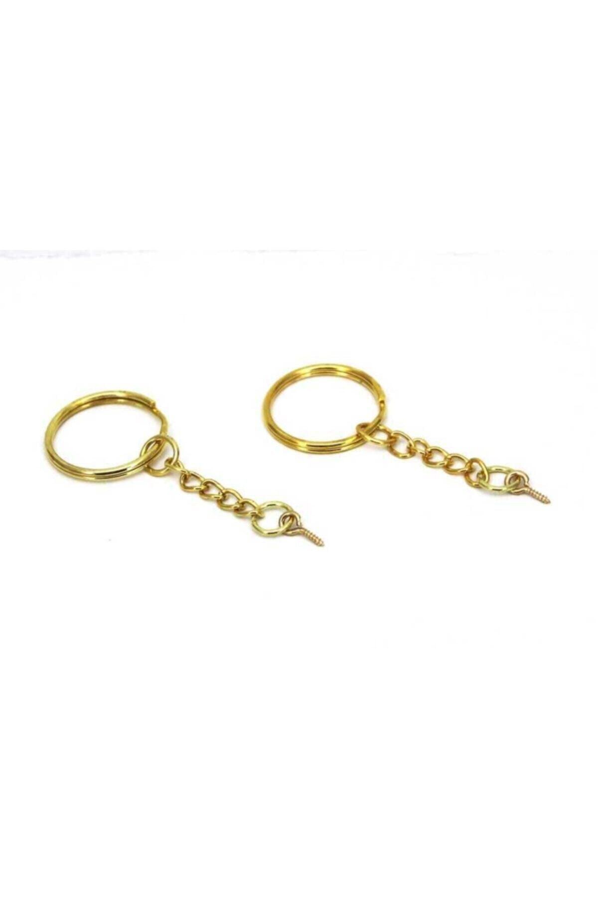 Ertürk Metal Aksesuar 25 mm Zincirli Anahtarlık Halkası ve 5x10 mm Halkalı Vida Seti Sarı Kaplama 10 Adet