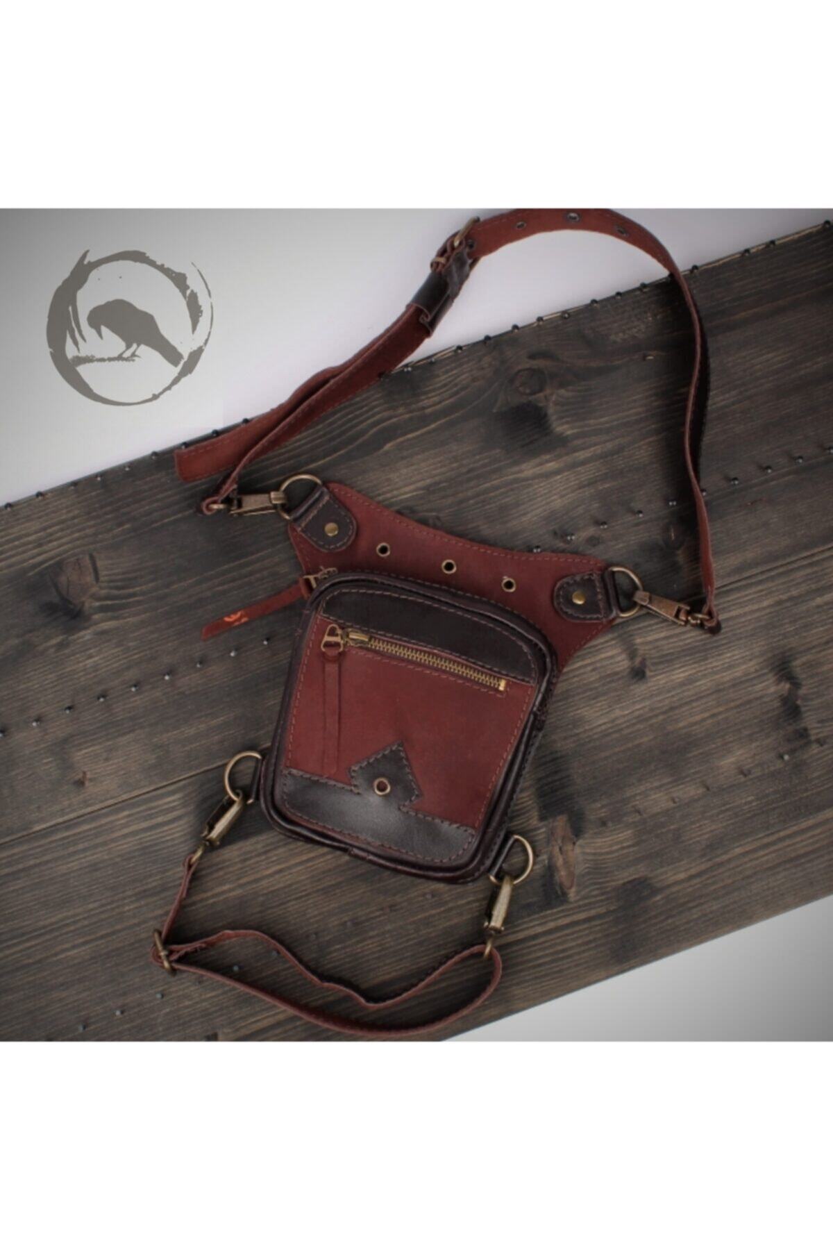 Crow'sRoom Handmade Deri Bel Ve Bacak Çantası (KÜÇÜK MODEL KAHVE&KIZIL)