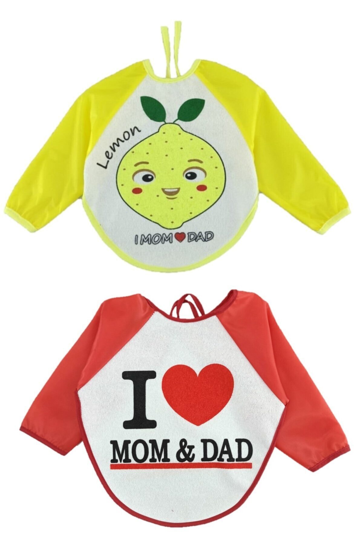 Aydınlar 2 Adet Lemon Mom Dad - Mom Dad Desenli Kollu Su Geçirmez Bebek Mama Önlüğü