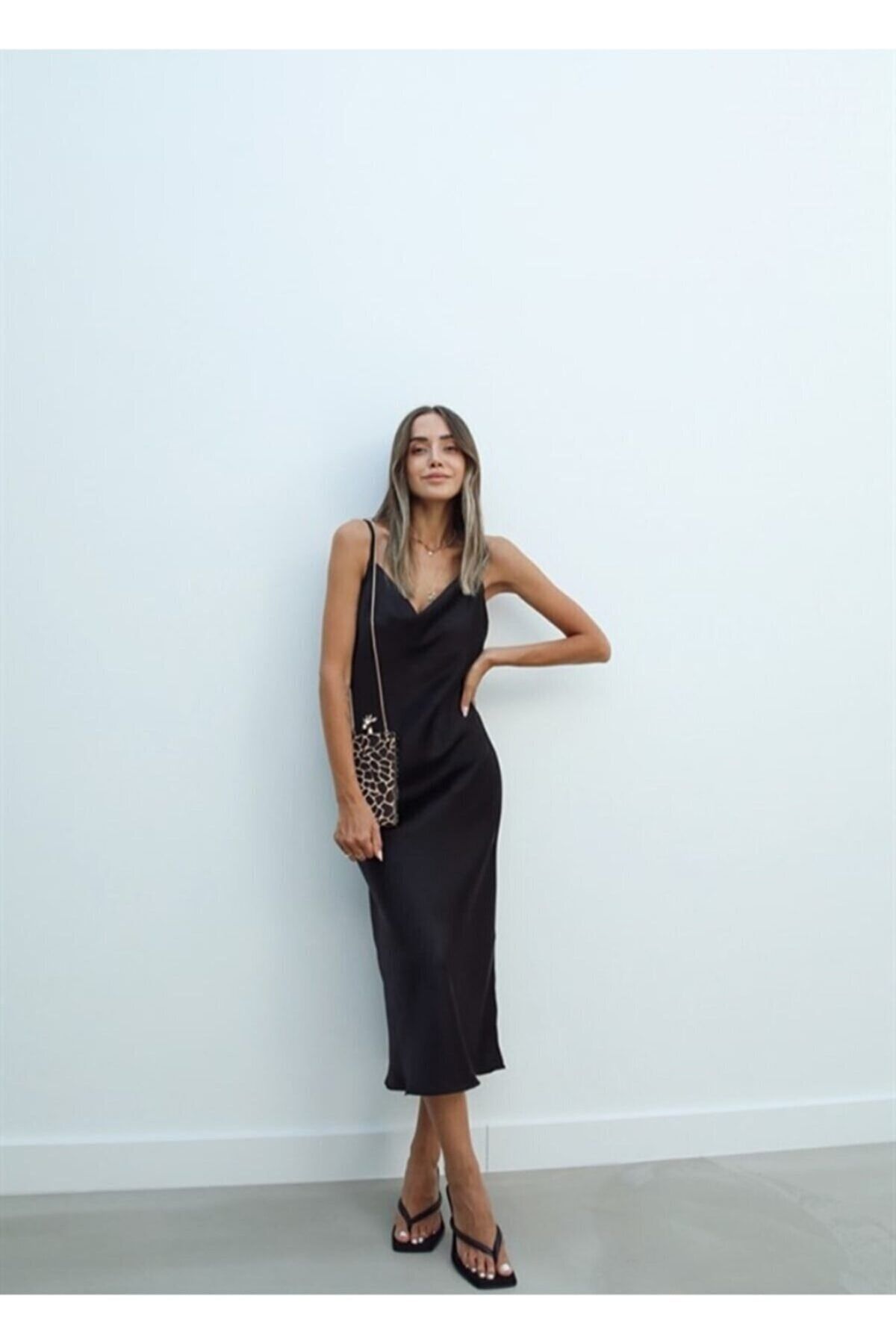 TARGET CH Women s Black Lace Collar Rope Strap Satin Dress Trendyol