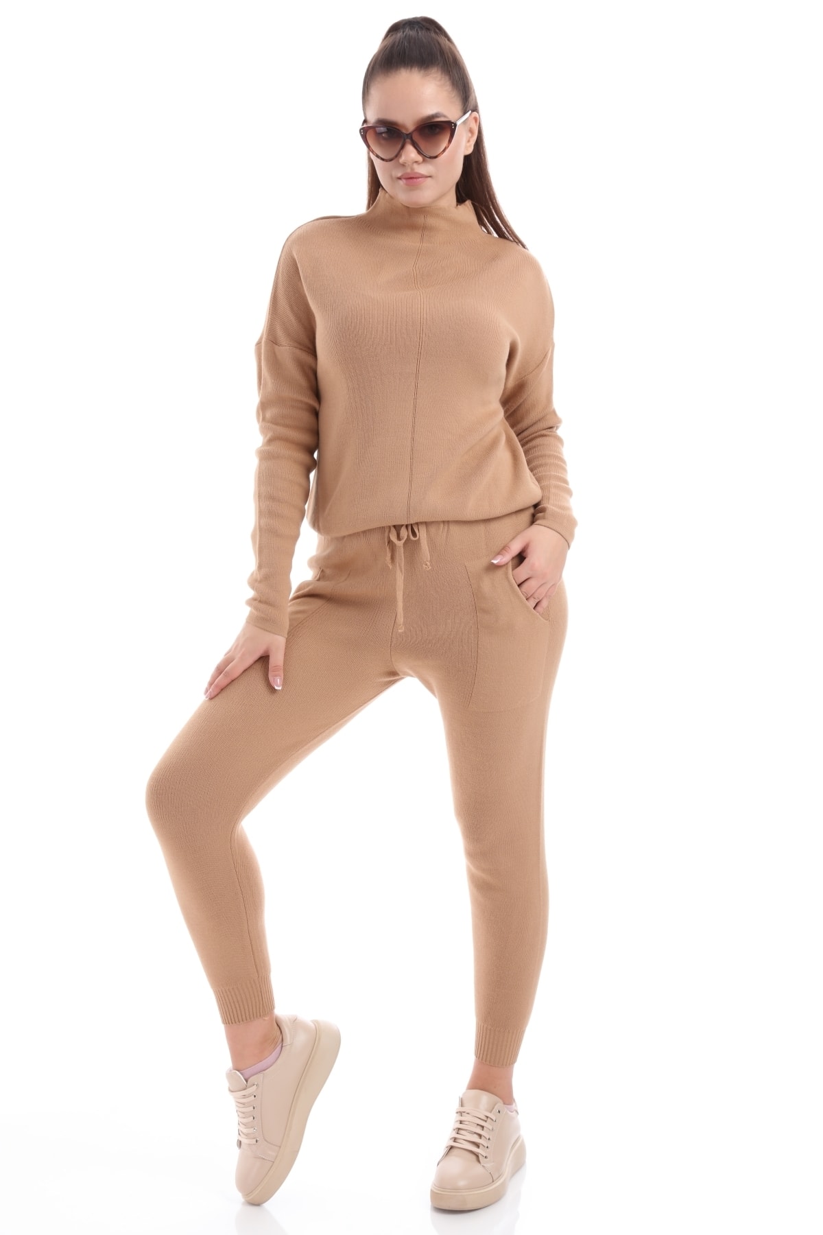 Luna Carina Kadın Paçası Lastikli 2'li Camel Triko Takım