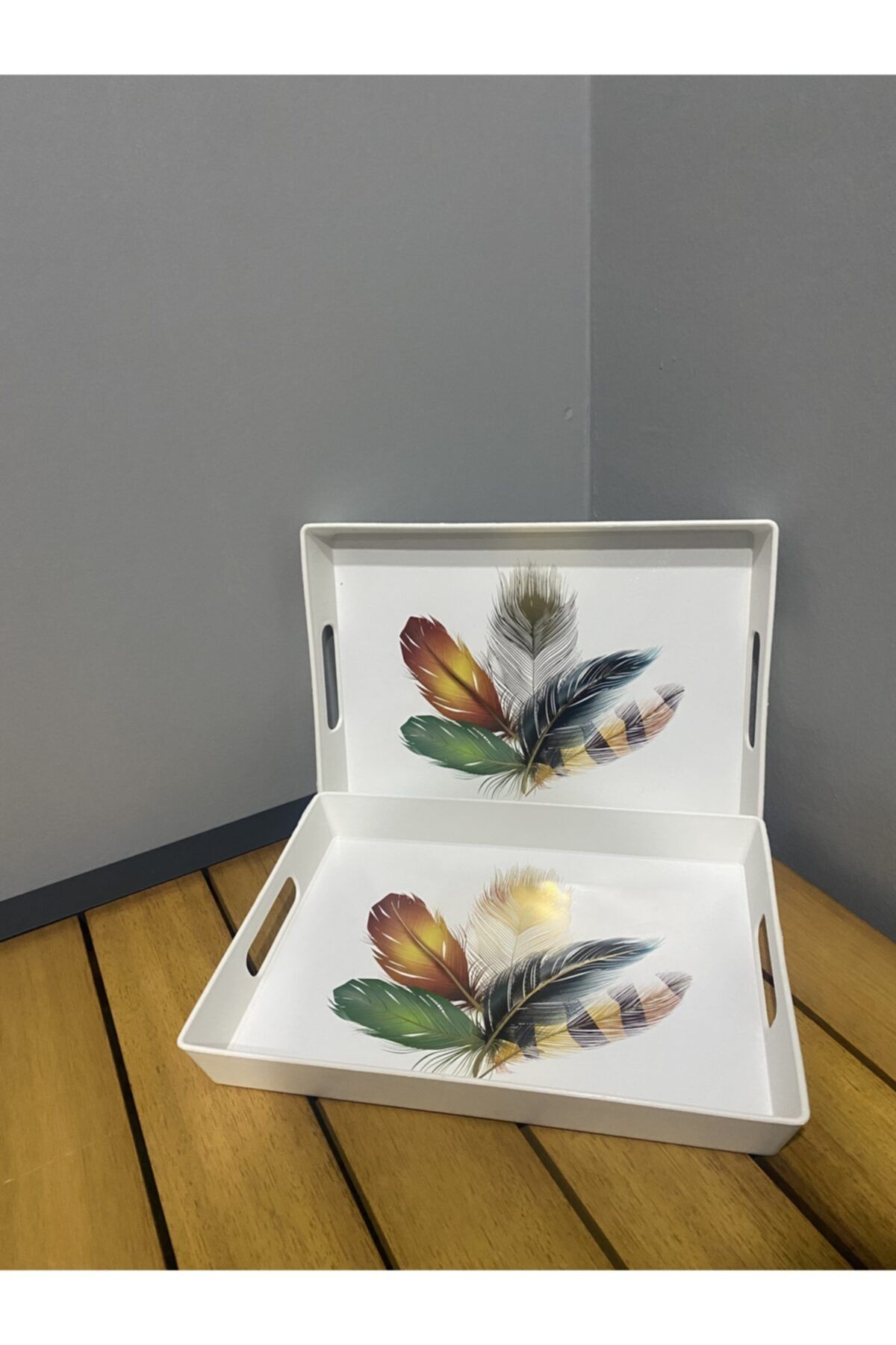 Çavdar Group 2 Adet Plastik Dikdörtgen Desenli Tepsi 30x22 Cm Çay Kahve Servis Tepsi Kuş Tüyü Desen