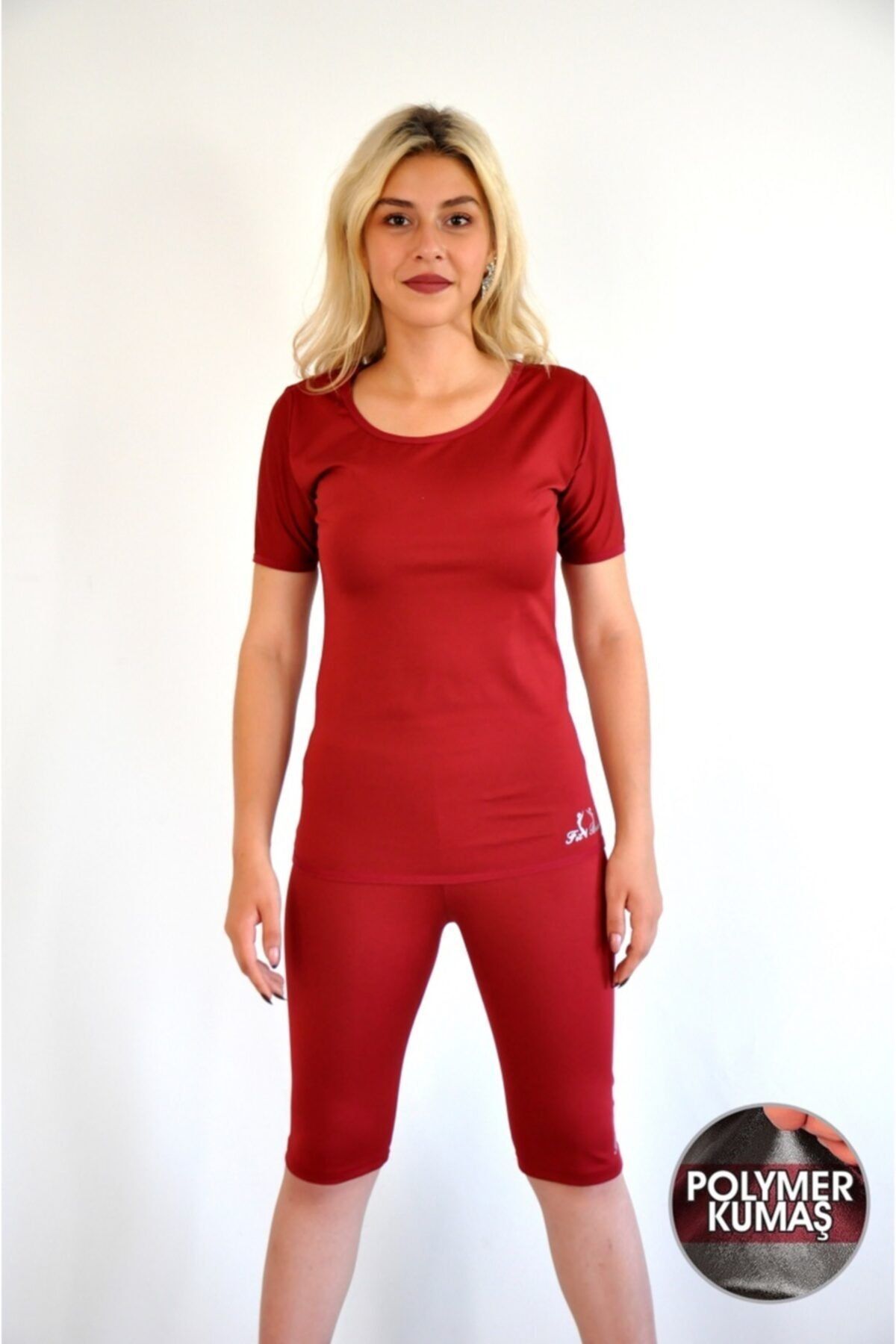 bayansepeti Içi Polimer Kaplama Zayıflatan Bordo Kısa Kollu Termal Korse Içlik Takım T-shirt Ve Kısa Tayt Takım