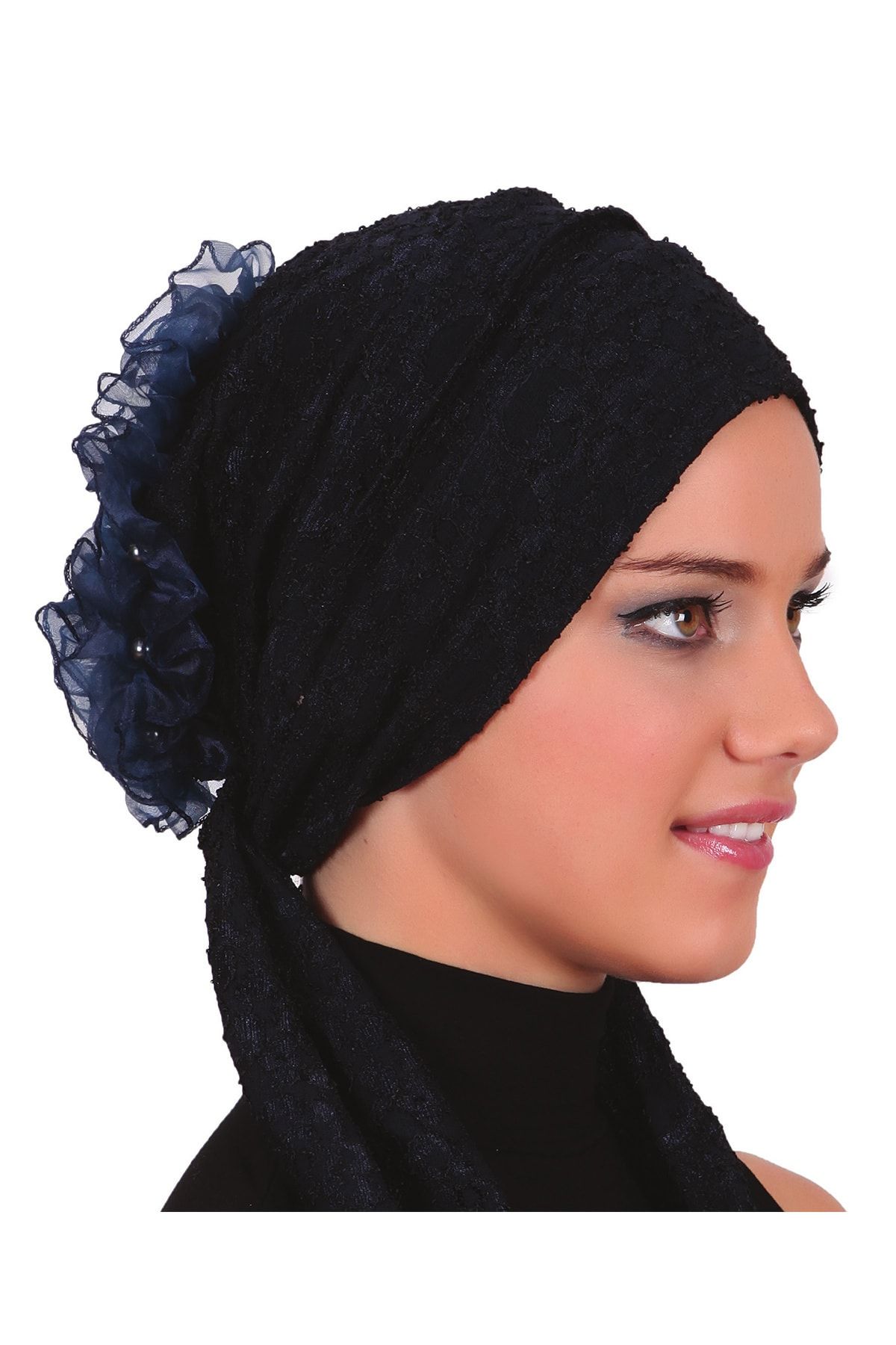 fidan bone Dantel Bağlama Lacivert Hazır Türban Tesettür Bone