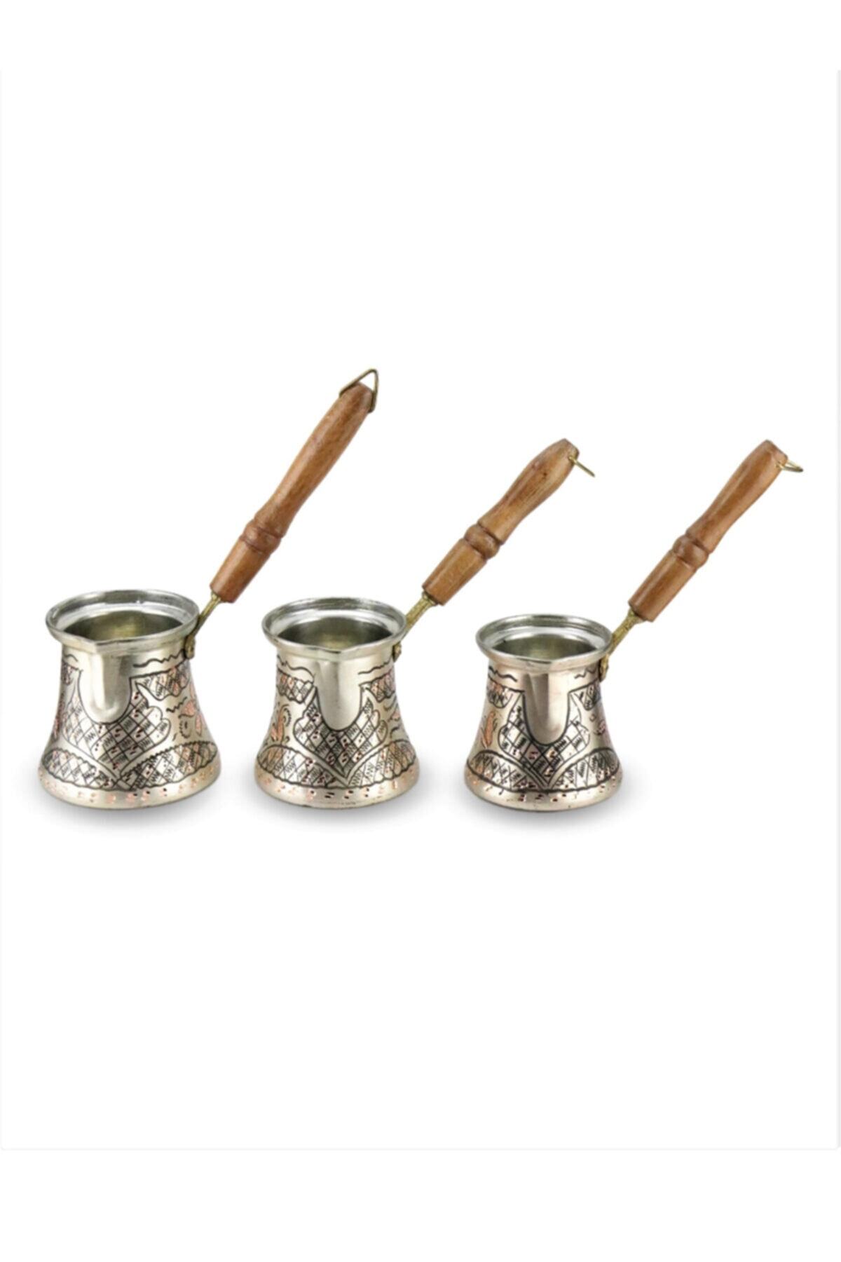 MORYA Gümüşlü Bakır Cezve Takımı Üçlü Içi Kalay Kaplamalı
