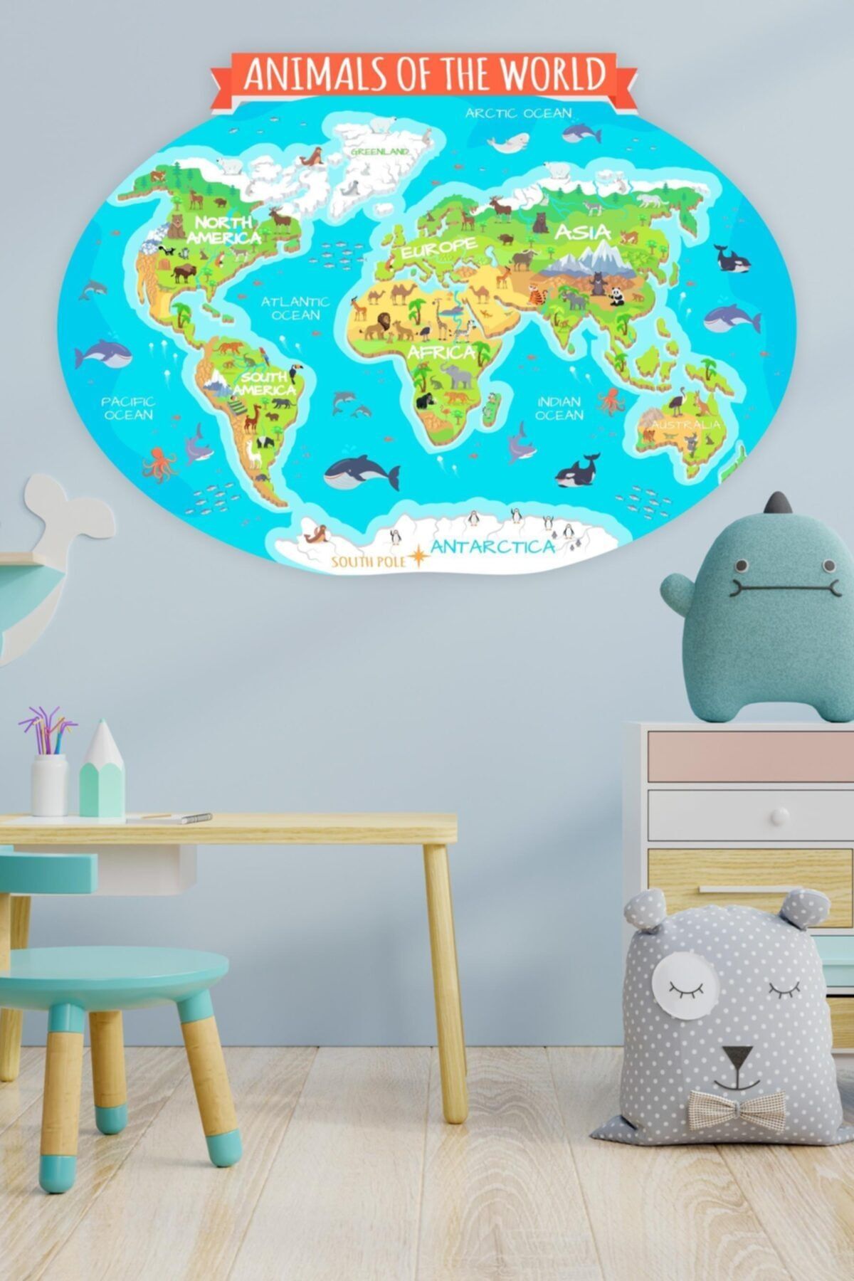 MSticker Çocuklar Için Eğitici Ingilizce Dünya Haritası Sticker (70x100cm)