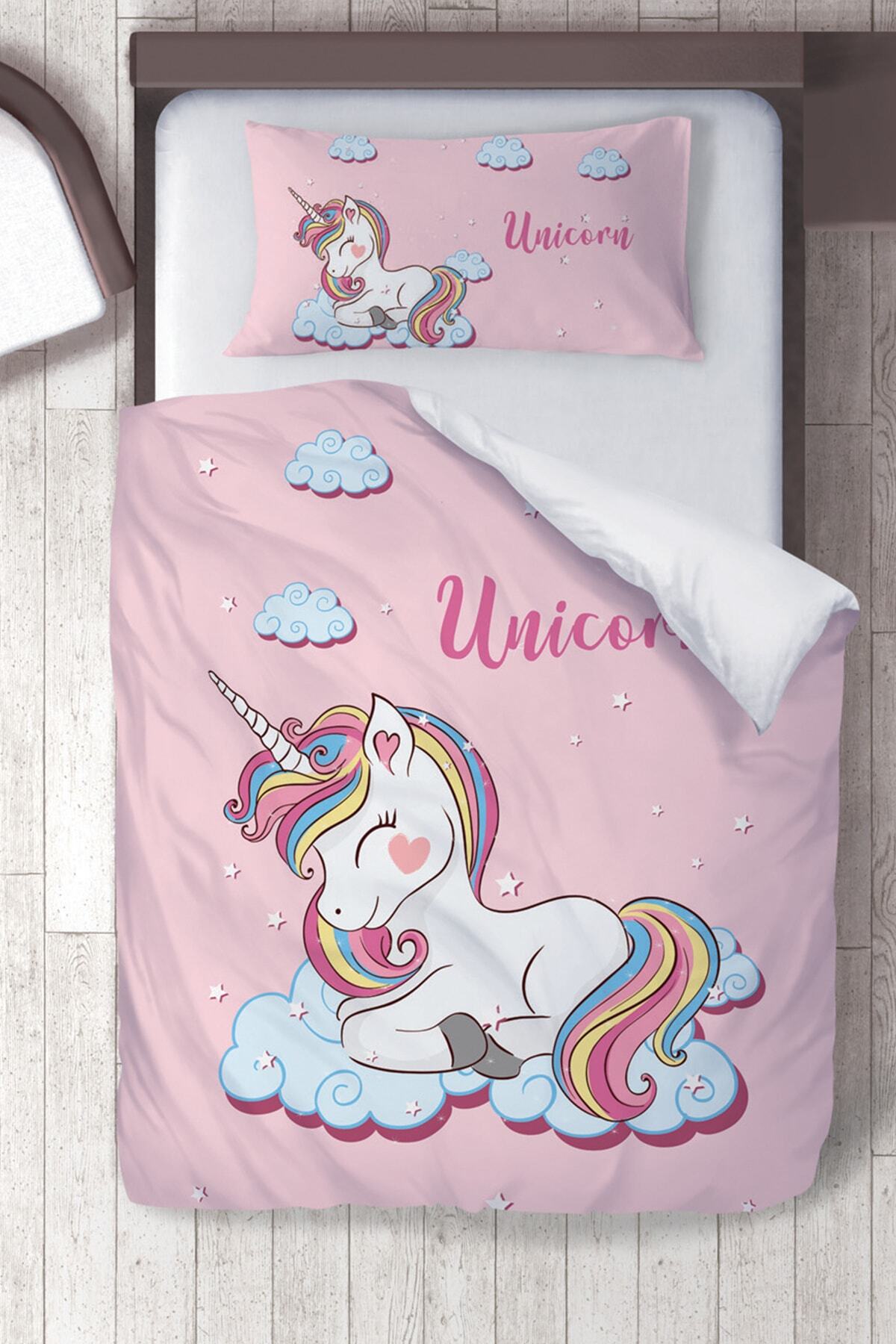 instababyrooms Pamuklu Mikro Saten Pembe Unicorn Çocuk Odası Çocuk Nevresim Takımı