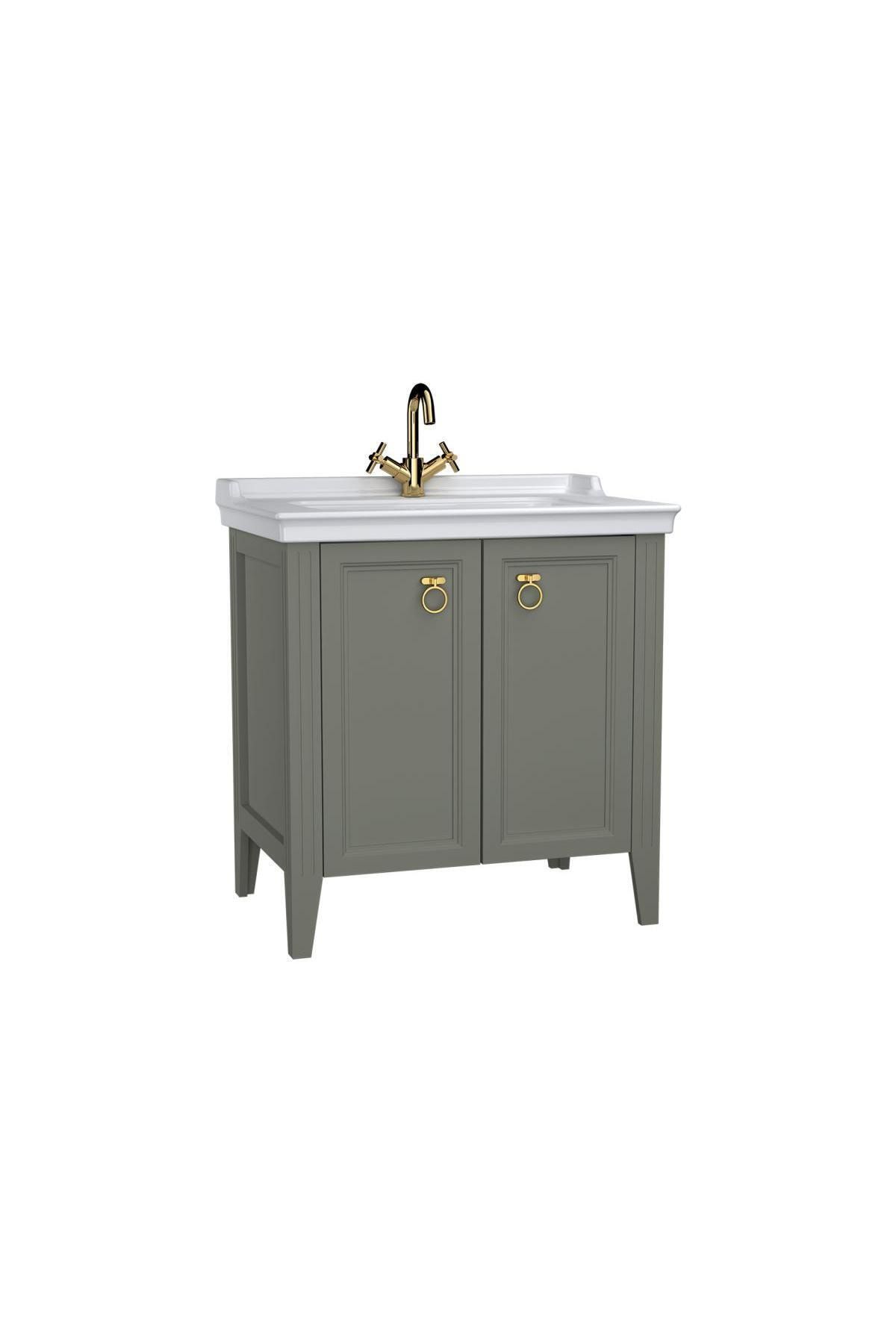 VitrA Valarte 62154 Lavabo Dolabı, Kapaklı, Etajerli Lavabolu, Krom Kulplu, 80 Cm, Mat Gri