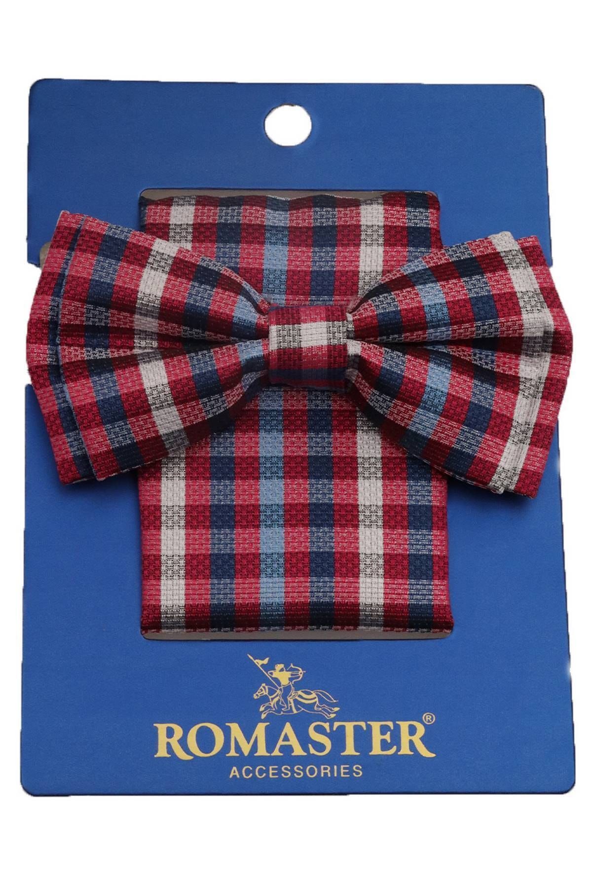 ROMASTER Pembe Lacivert Gri Renk Ekoseli Mendilli Papyon