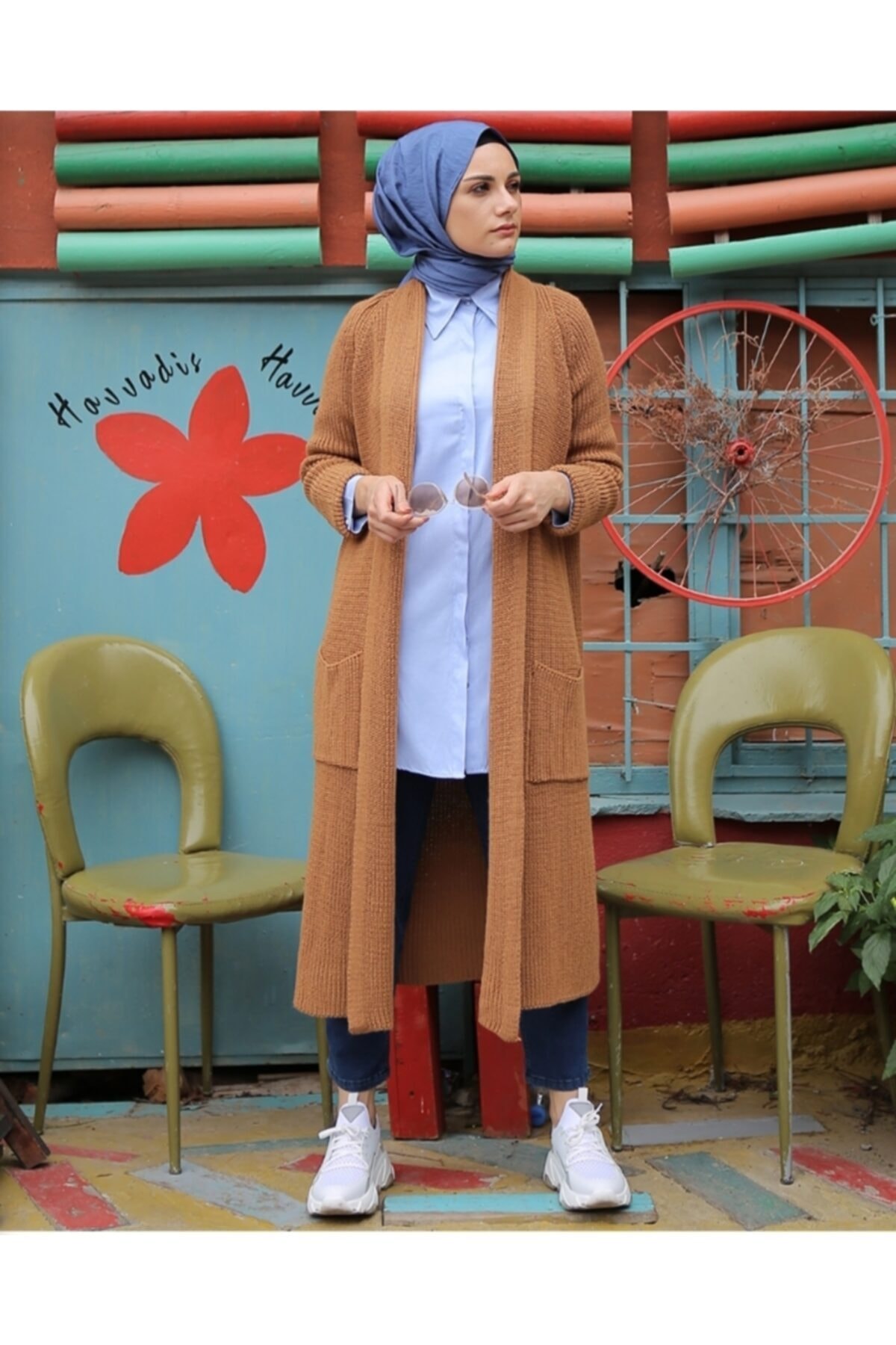 Hüma Sultan Kolu Katlamalı Cepli Önü Açık Hırka Camel