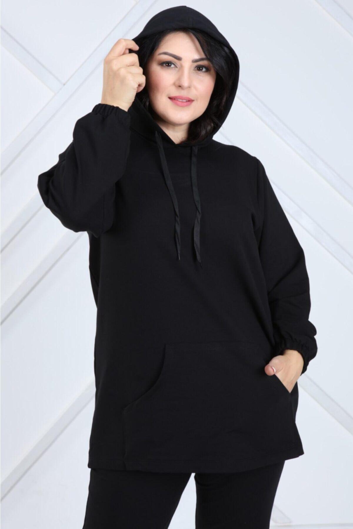EMEZ Kadın Büyük Beden Siyah Kapşonlu Sweatshirt