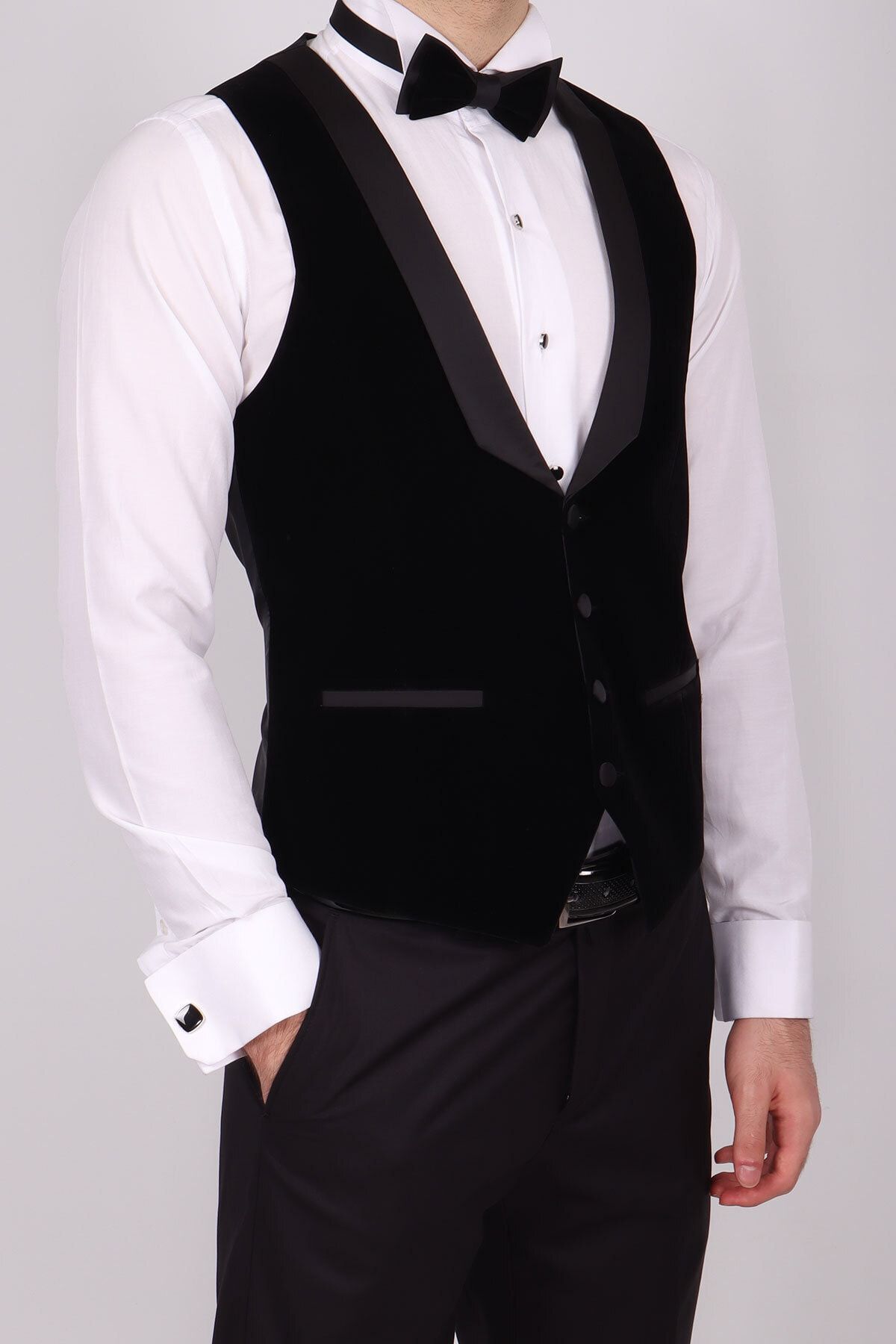 ZAYFA Siyah Slim Fit Kadife Yaka Yelekli Smokin Damatlık
