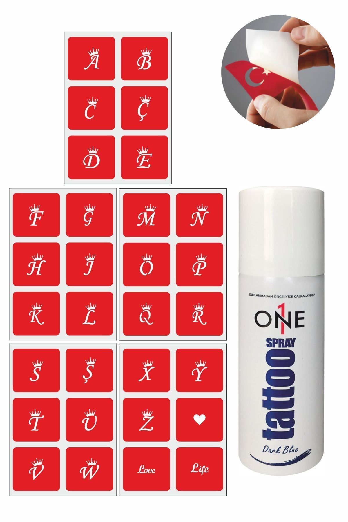 ONE SPRAY TATTOO Taçlı Harf Dövme Seti 5 Sayfa + Dark Blue Sprey 50 ml 6600825