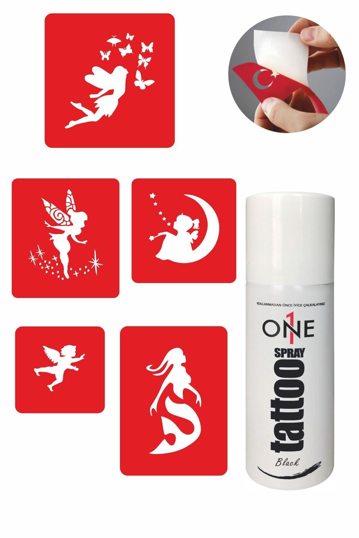 ONE SPRAY TATTOO Melekler Geçici Dövme Seti Siyah Sprey ve 5 Desen 7700415