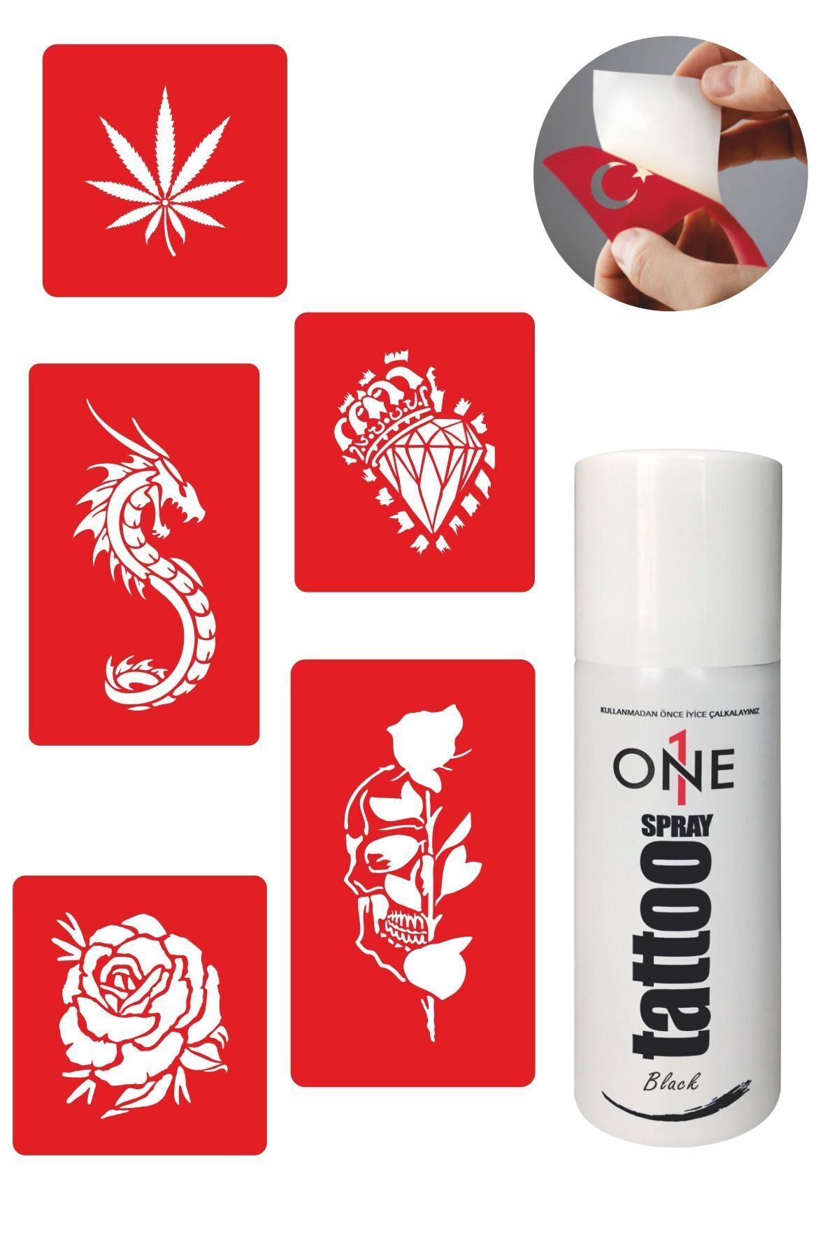 ONE SPRAY TATTOO Taç ve Gül Dövme Seti Siyah Sprey + 5 Desen 7711715
