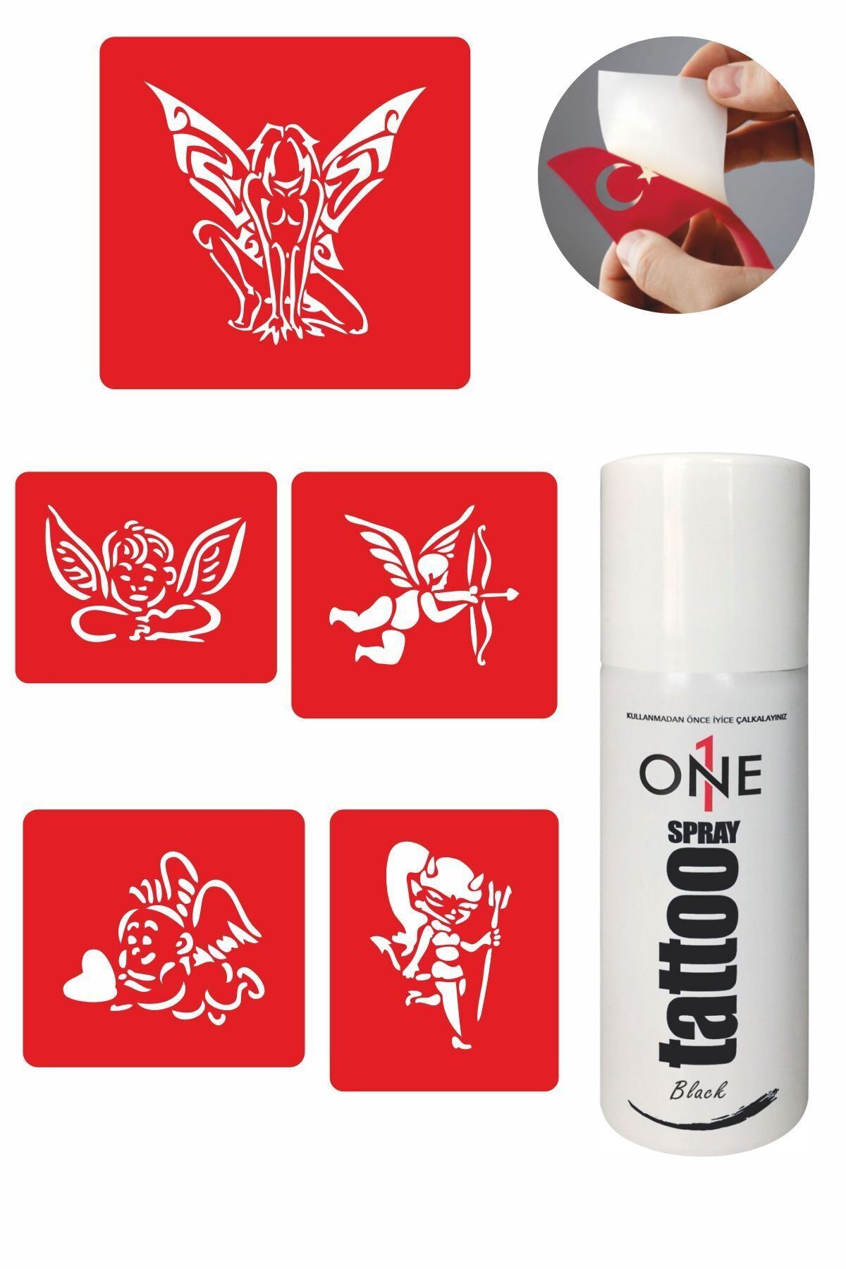 ONE SPRAY TATTOO Melek Şeytan Geçici Dövme Seti Siyah Sprey ve 5 Desen 7700315