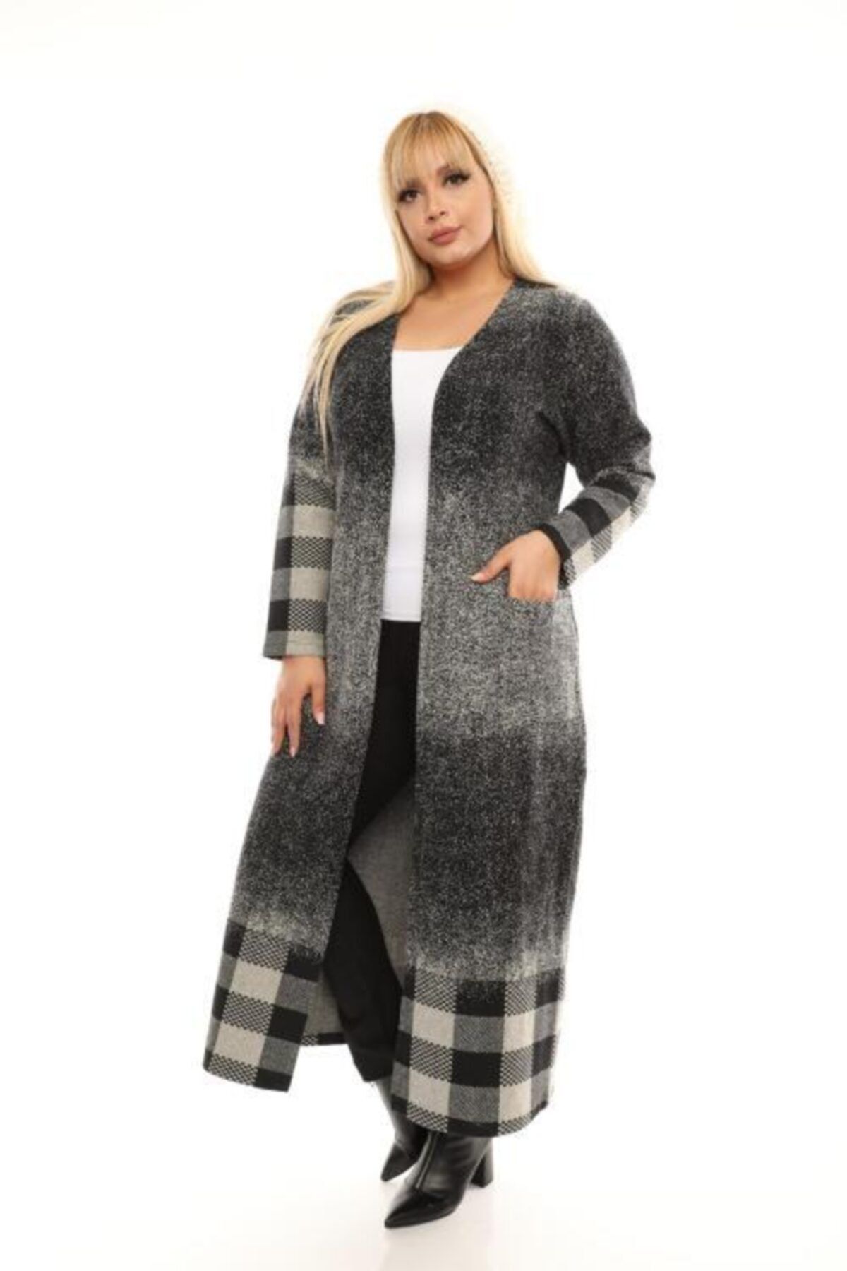 Şirin Butik Kadın Gri Büyük Beden Desenli Hırka