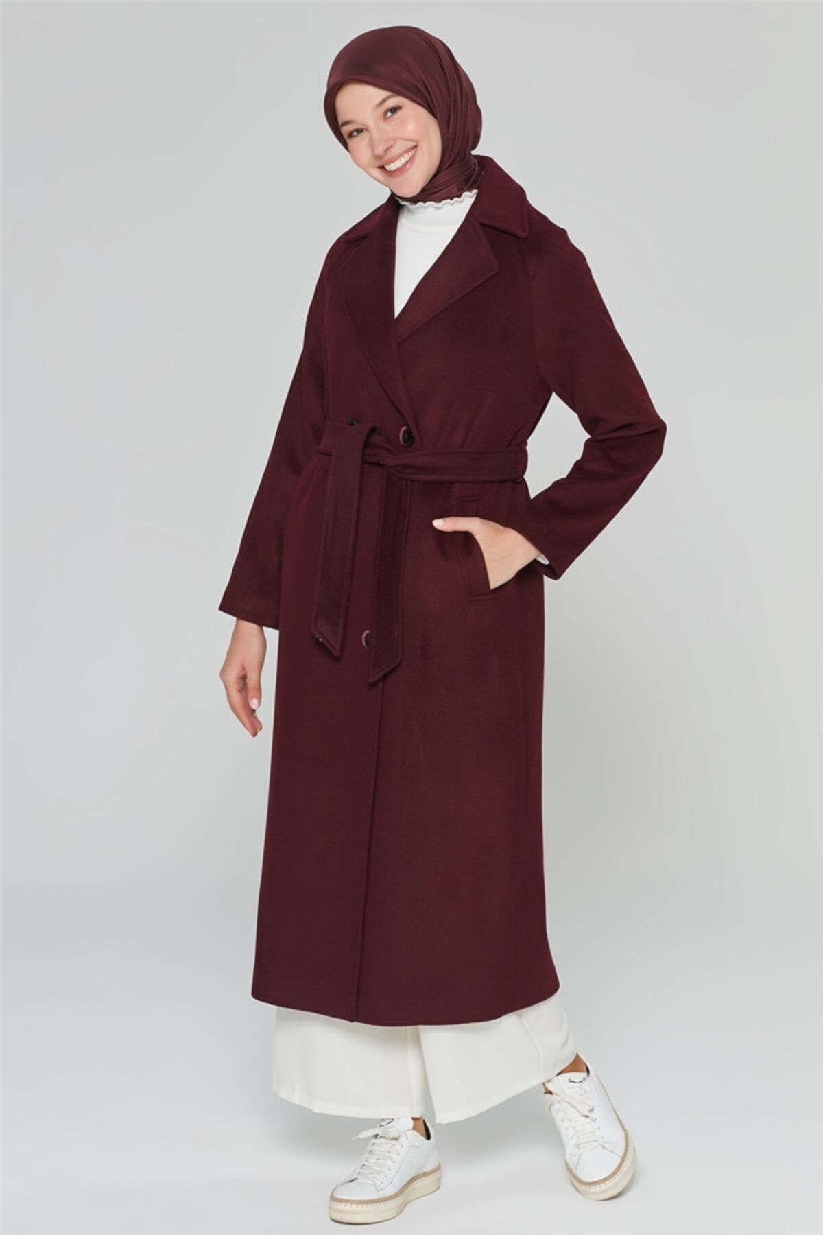 Armine Beli Bağlamalı Manto 20ka8409 Bordo
