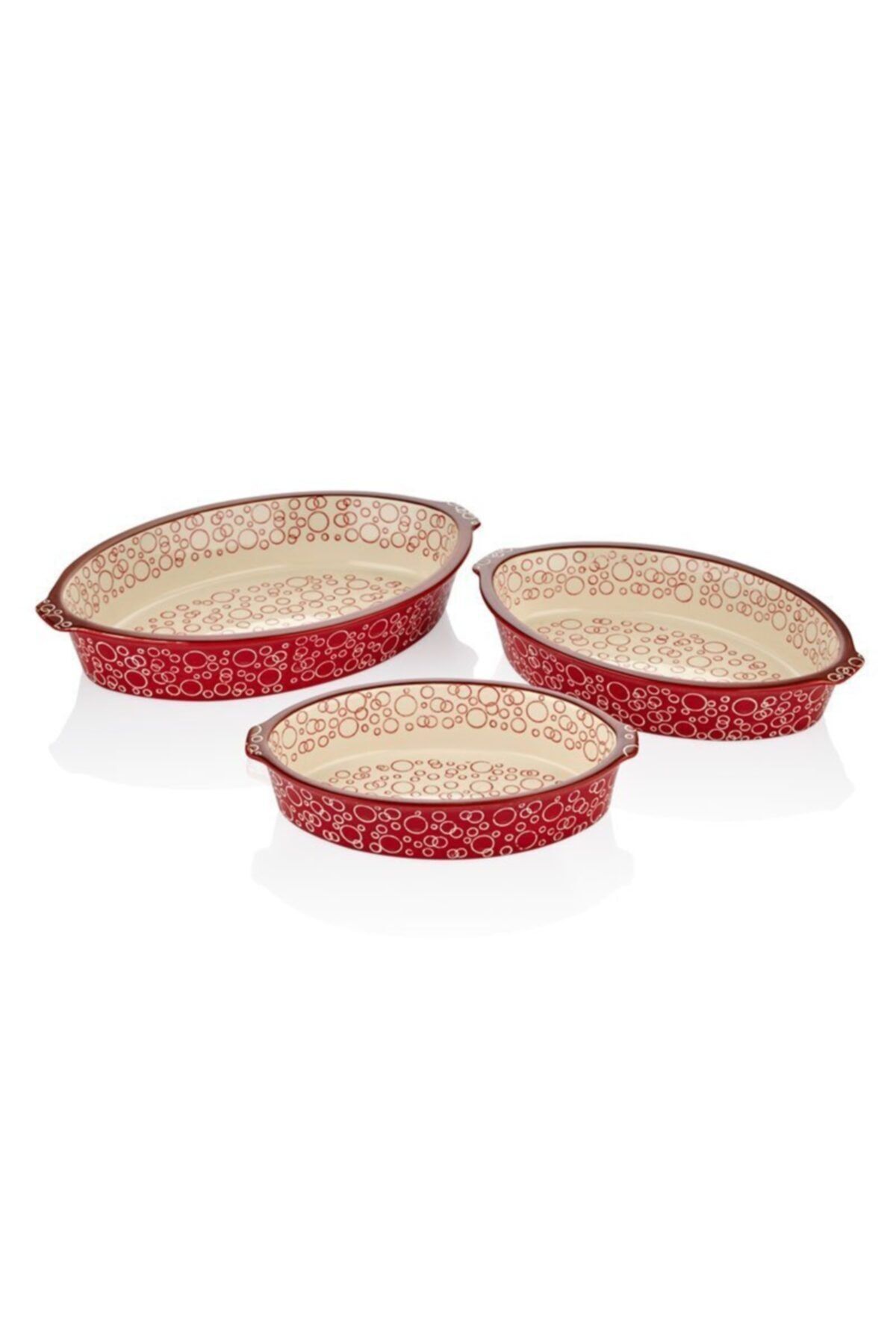 Cemile Kırmızı Oval Kulplu 3'lü Fırın Kabı