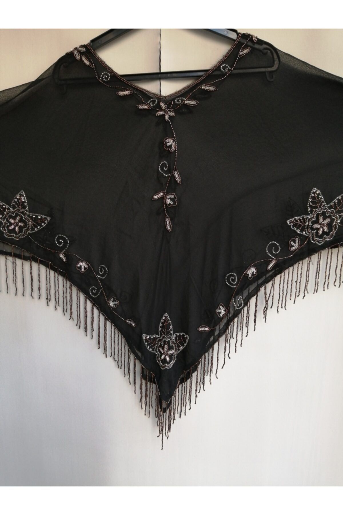 Butik Tülin Siyah Otantik Krep Şifon Boncuk Nakışlı Abiye Panço Şal