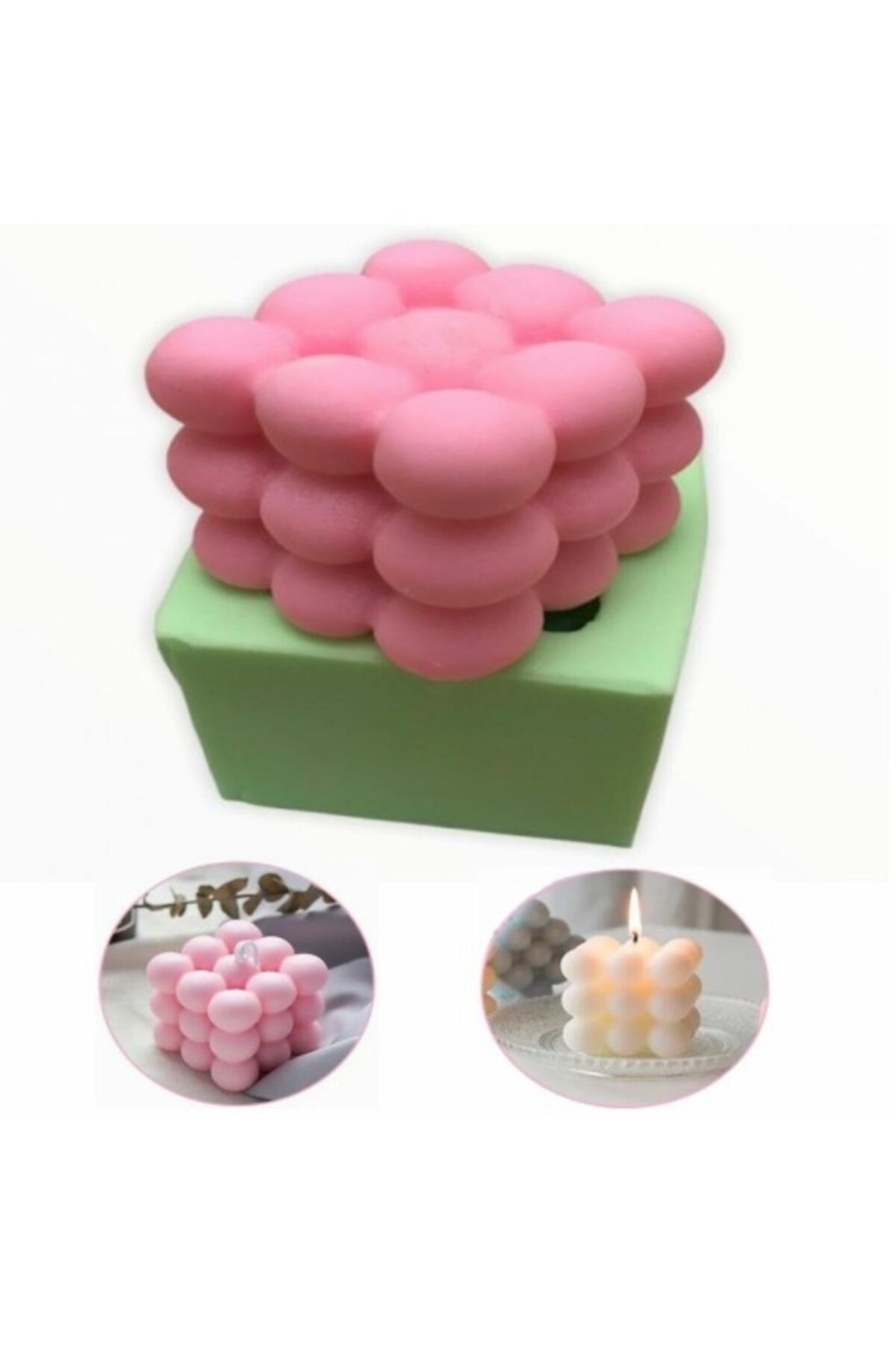 KanyonGrup Kare Baloncuklu Sihirli Küp Şekilli Kabarcık Silikon Mum Kalıbı (6x6x6cm) Yeşil