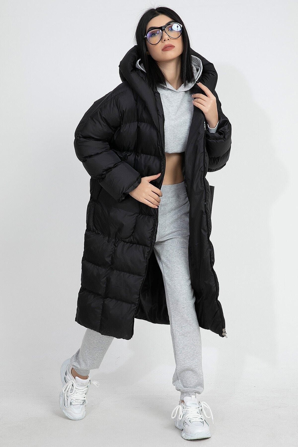 vapur tekstil kadin siyah kapusonlu uzun oversize sisme mont fiyati yorumlari trendyol