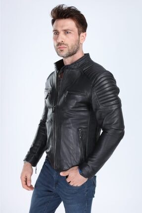 Buenos Hakiki Deri Siyah Spor Ceket Image 2