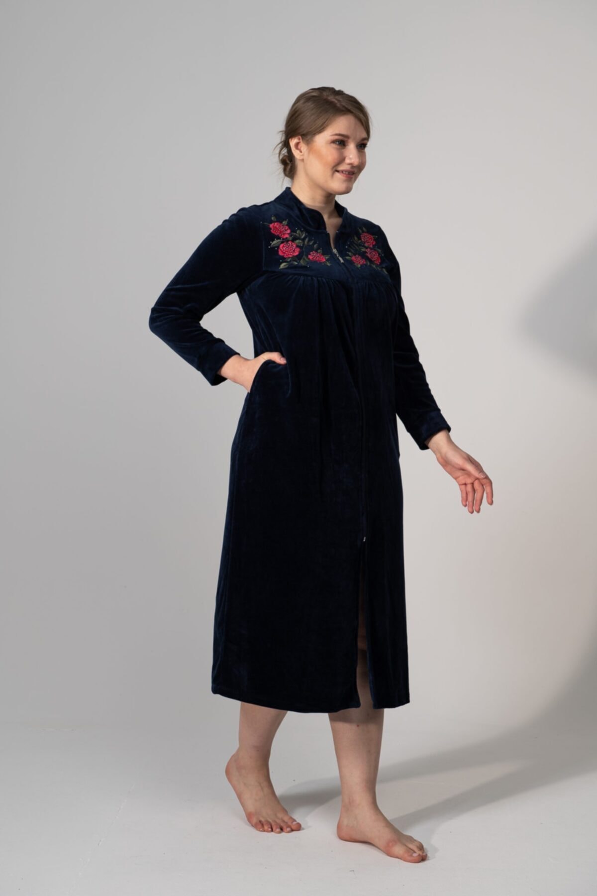 HEPİSİZE TEKSTİL Lacivert Cepli Kadife Sabahlık