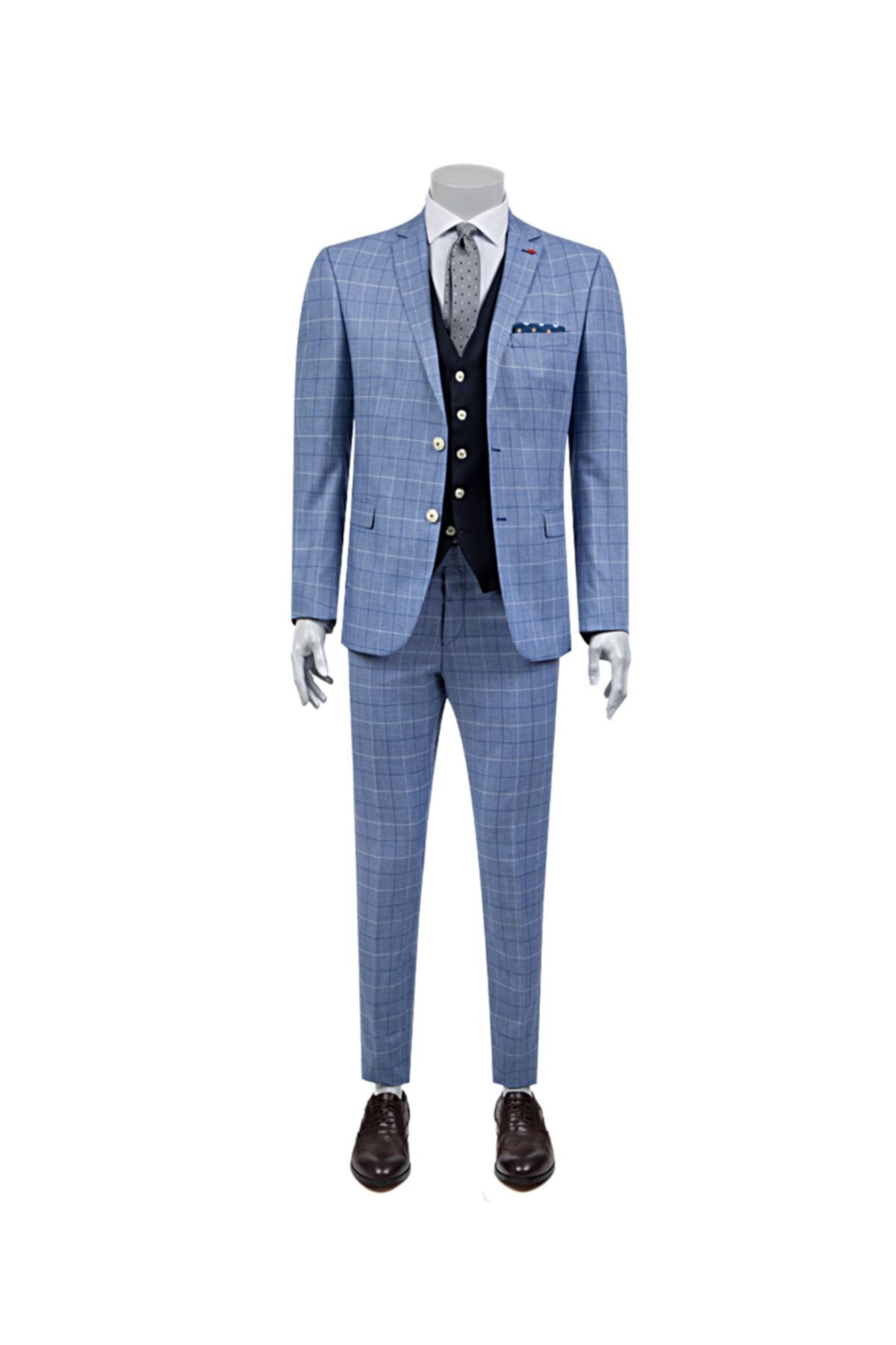 Twn Süper Slim Fit Mavi Kareli Kombinli Takım Elbise