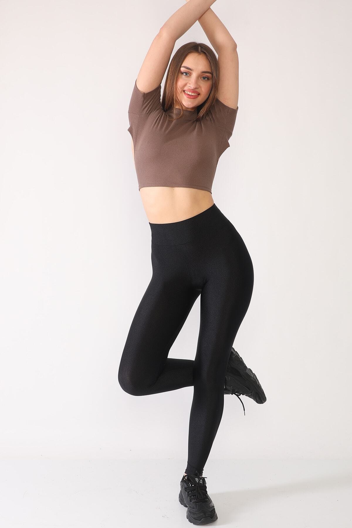 MODALANCE Kadın Siyah Yüksek Bel Toparlayıcı Özellikli Parlak Push Up Disko Tayt