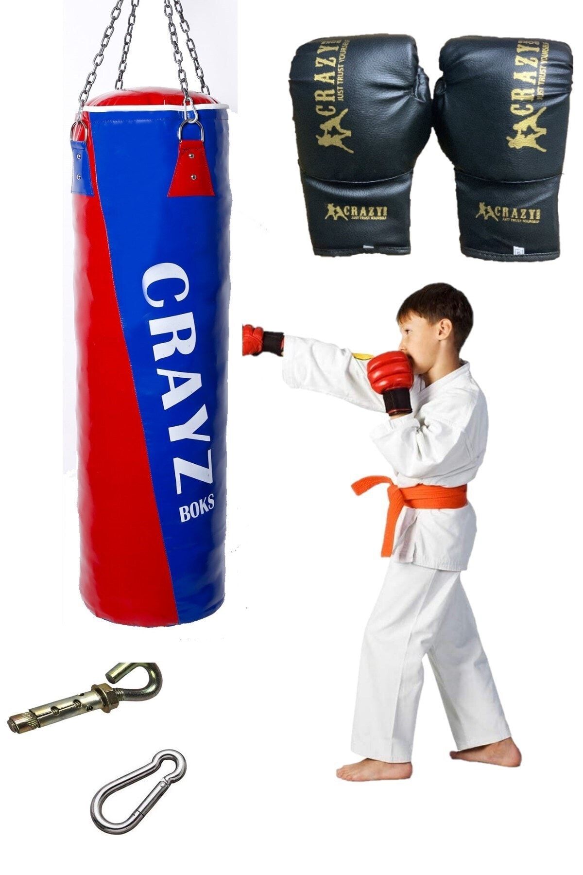 CRAYZ Çocuk Dolu Boks Kum Torbası + Çocuk Boks Eldiveni Set + Askı Aparatı 70x25cm