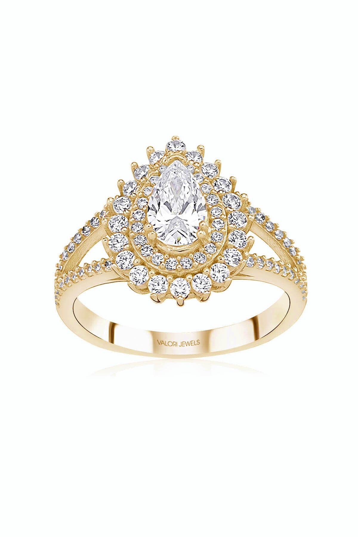 Valori Jewels Damla, 0.75 Karat Swarovski Zirkon Taşlı, Altın Rengi Gümüş Tektaş Yüzük
