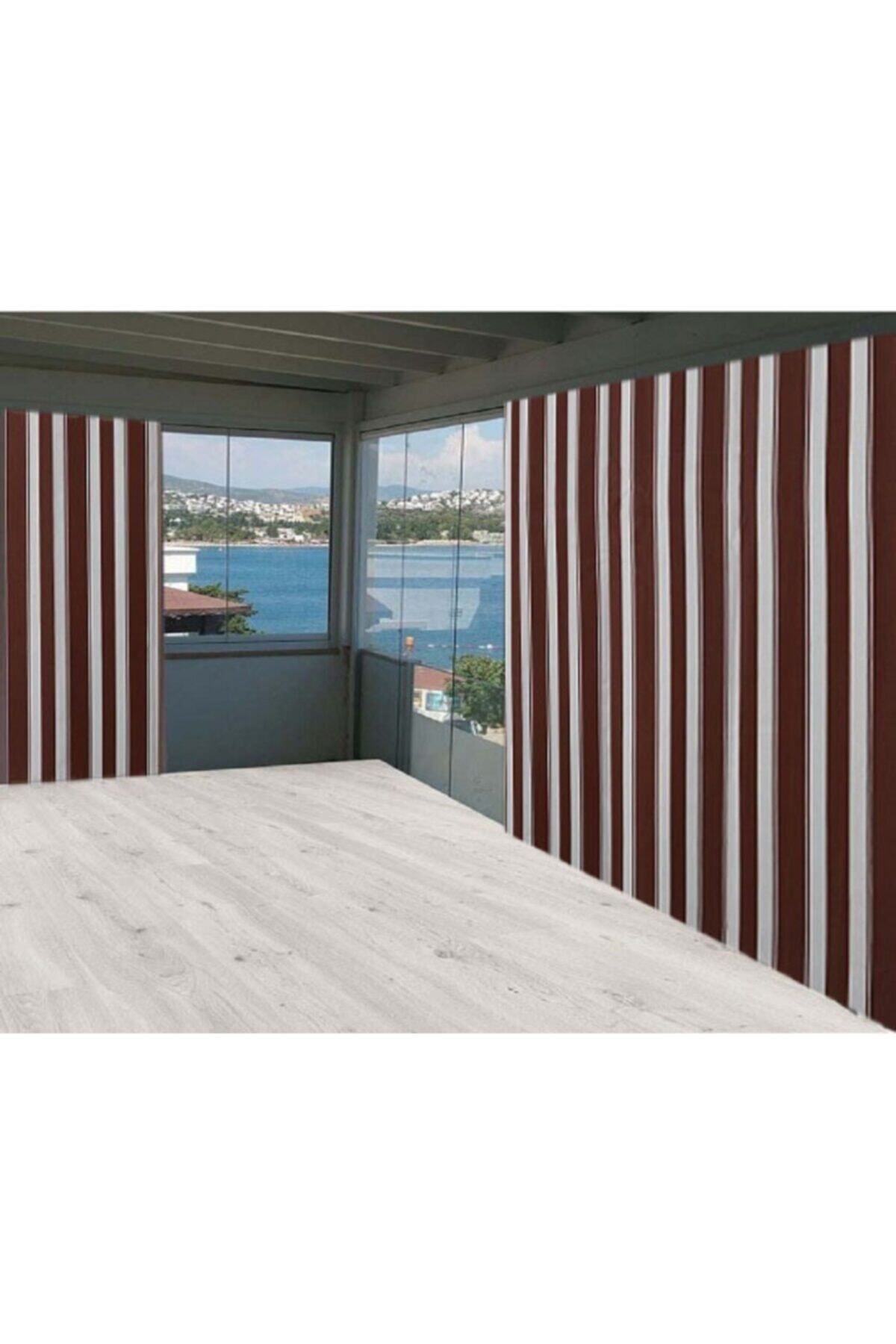 ceylan home Balkon Perdesi Kahverengi Beyaz Çizgili 575x250