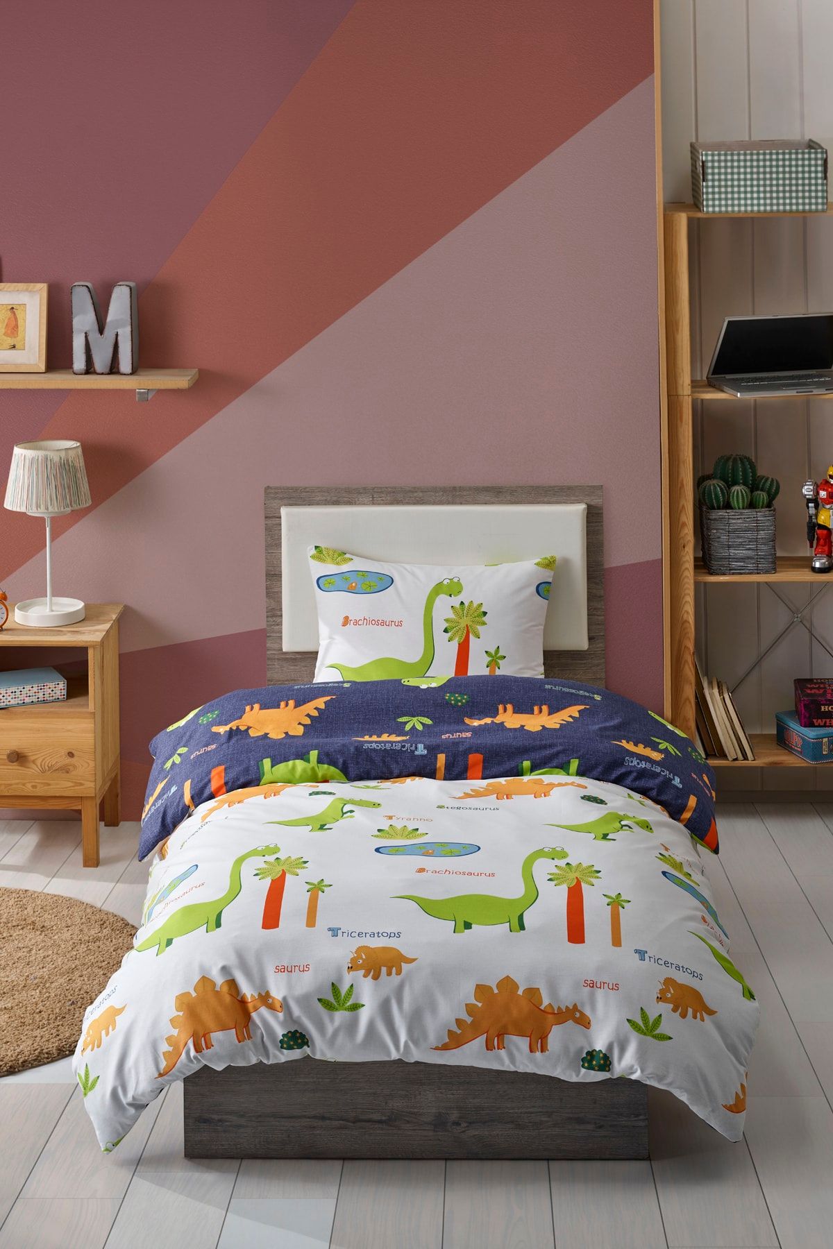 Enlora Home %100 Doğal Pamuk Nevresim Seti Tek Kişilik Kids Dinolar Beyaz