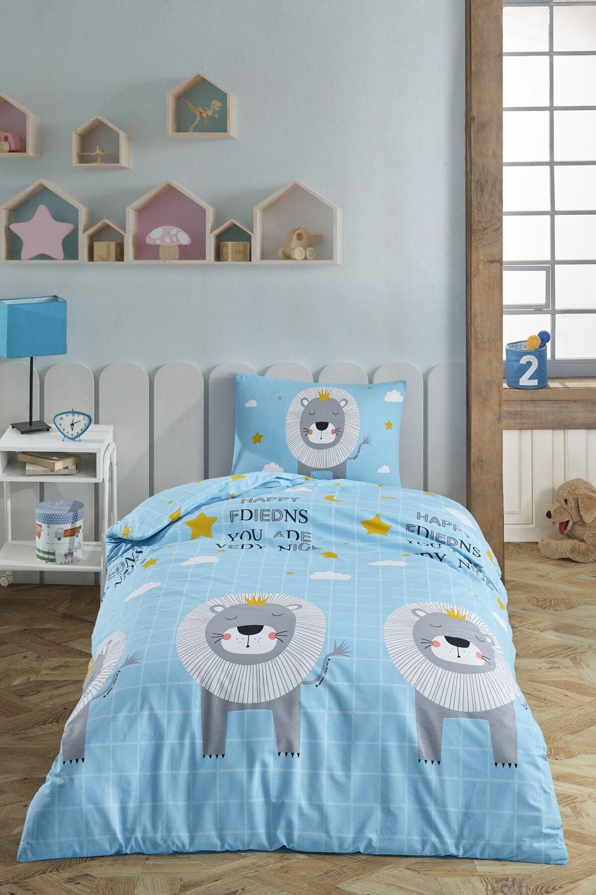 Enlora Home %100 Doğal Pamuk Nevresim Seti Tek Kişilik Kids Aslan Kral Mavi