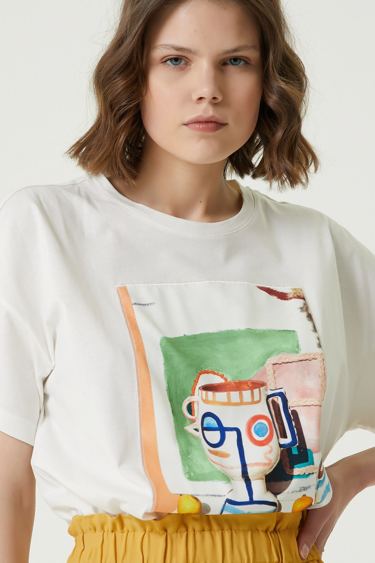 Network Kadın Beyaz Bisiklet Yaka Baskılı T-shirt 1078492
