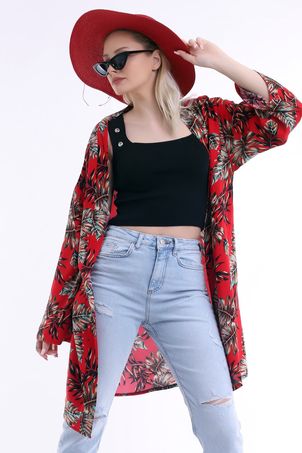 ARYA FASHION Kadın Kırmızı Yaprak Desenli Kimono